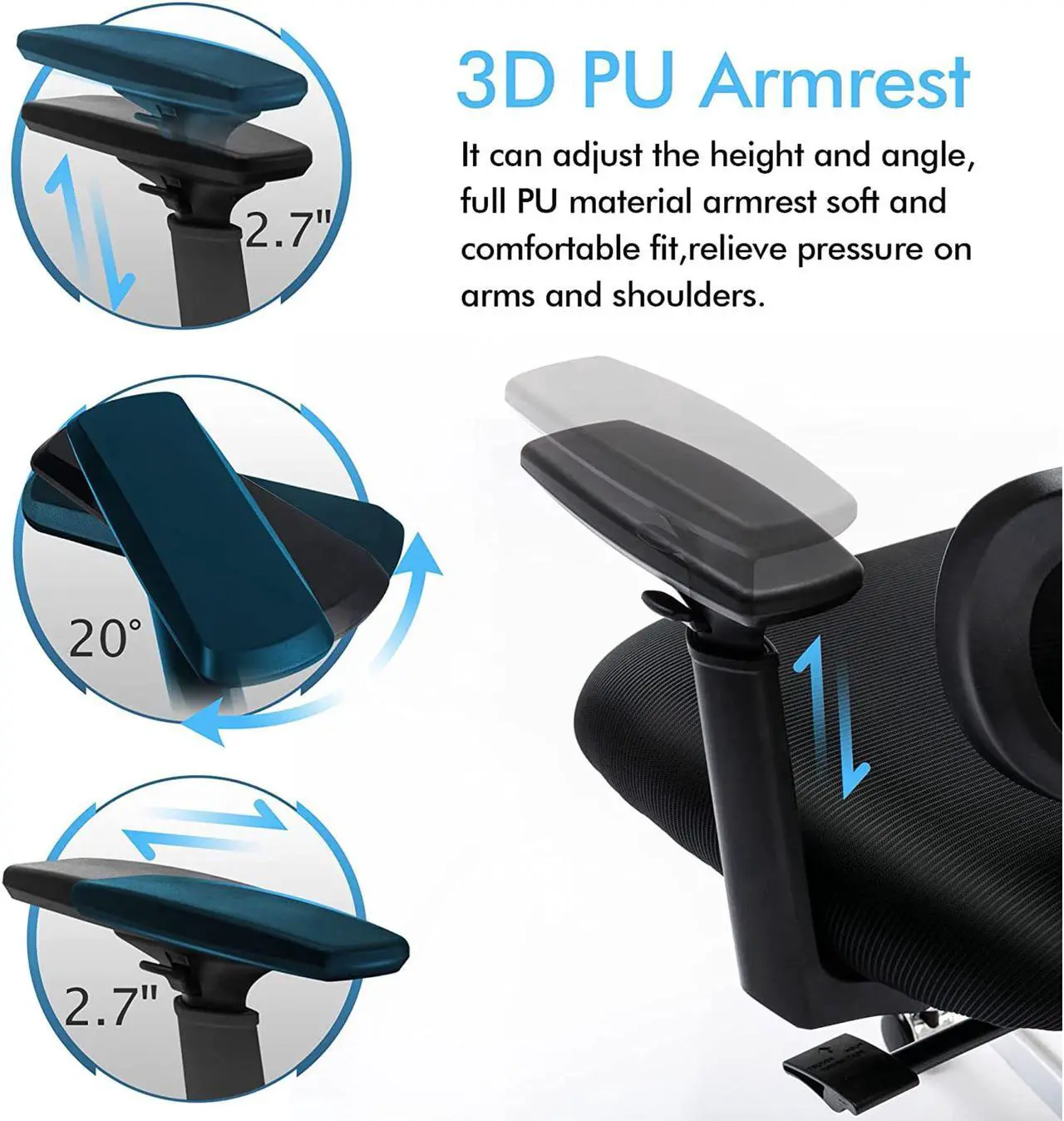 Alt view image 2 of 7 - Primy Ergonomic Office Chair, Ergo 3D Computer Chair Breathable Mesh Desk Chair with Lumbar Support, High Back Gaming Chair with Adjustable Headrest and Armrests for Conference Room (Black/Silver)