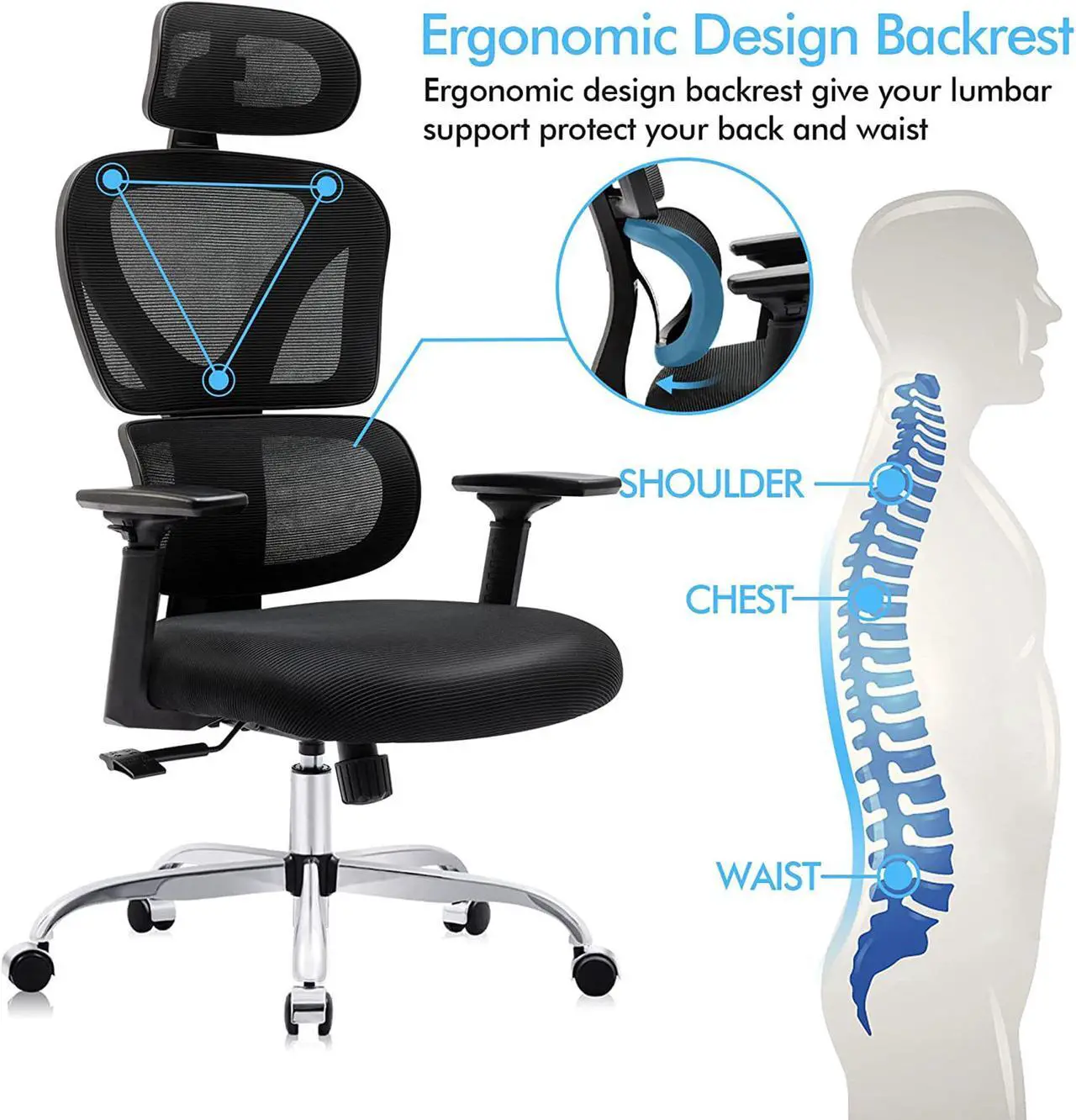 Alt view image 3 of 7 - Primy Ergonomic Office Chair, Ergo 3D Computer Chair Breathable Mesh Desk Chair with Lumbar Support, High Back Gaming Chair with Adjustable Headrest and Armrests for Conference Room (Black/Silver)
