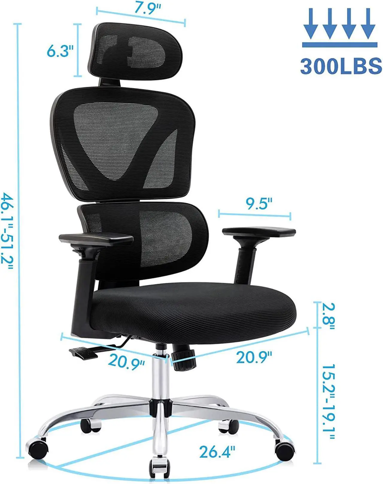 Alt view image 4 of 7 - Primy Ergonomic Office Chair, Ergo 3D Computer Chair Breathable Mesh Desk Chair with Lumbar Support, High Back Gaming Chair with Adjustable Headrest and Armrests for Conference Room (Black/Silver)