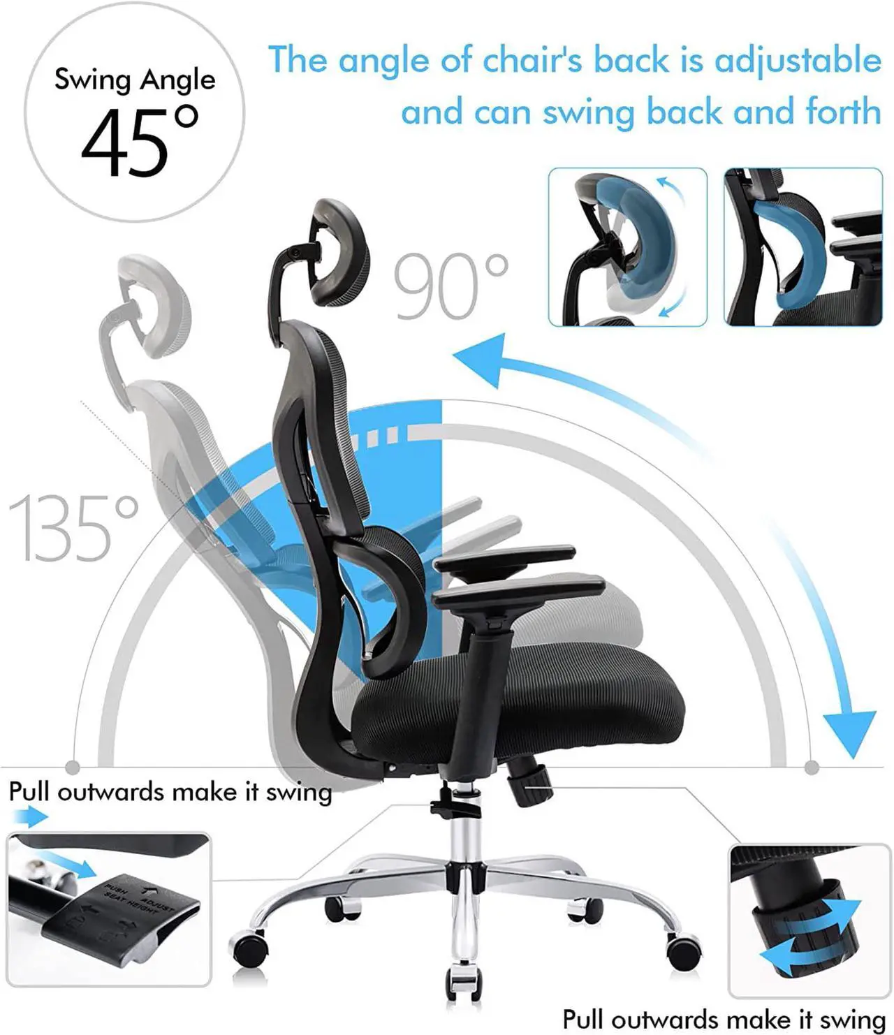 Alt view image 5 of 7 - Primy Ergonomic Office Chair, Ergo 3D Computer Chair Breathable Mesh Desk Chair with Lumbar Support, High Back Gaming Chair with Adjustable Headrest and Armrests for Conference Room (Black/Silver)