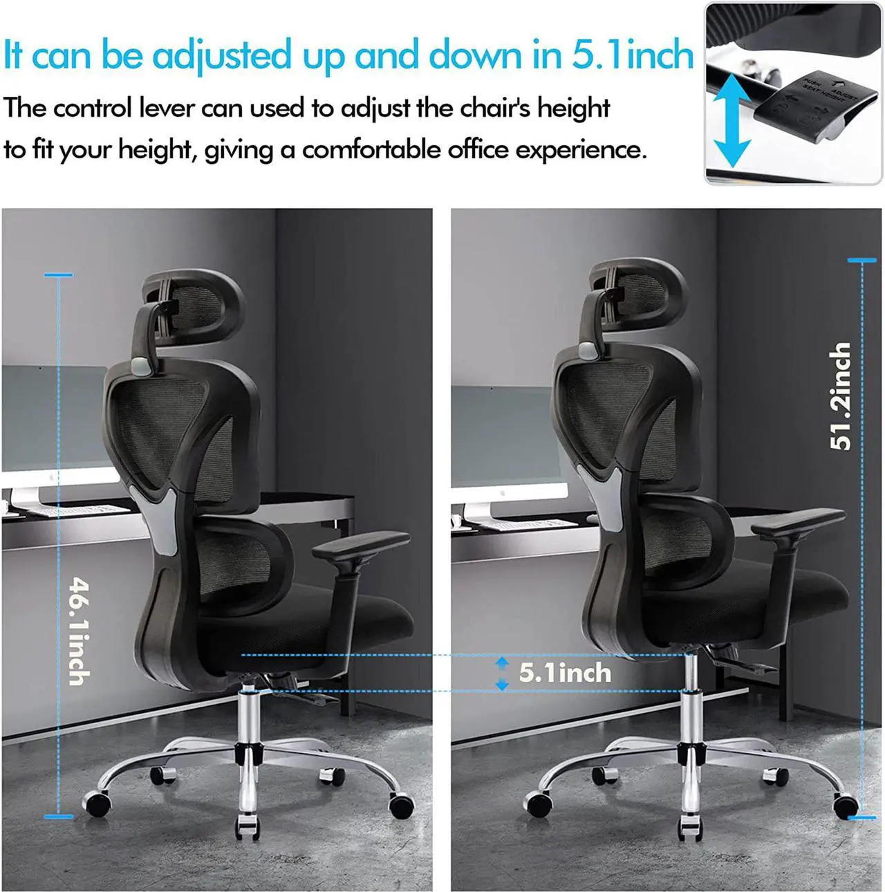 Alt view image 6 of 7 - Primy Ergonomic Office Chair, Ergo 3D Computer Chair Breathable Mesh Desk Chair with Lumbar Support, High Back Gaming Chair with Adjustable Headrest and Armrests for Conference Room (Black/Silver)