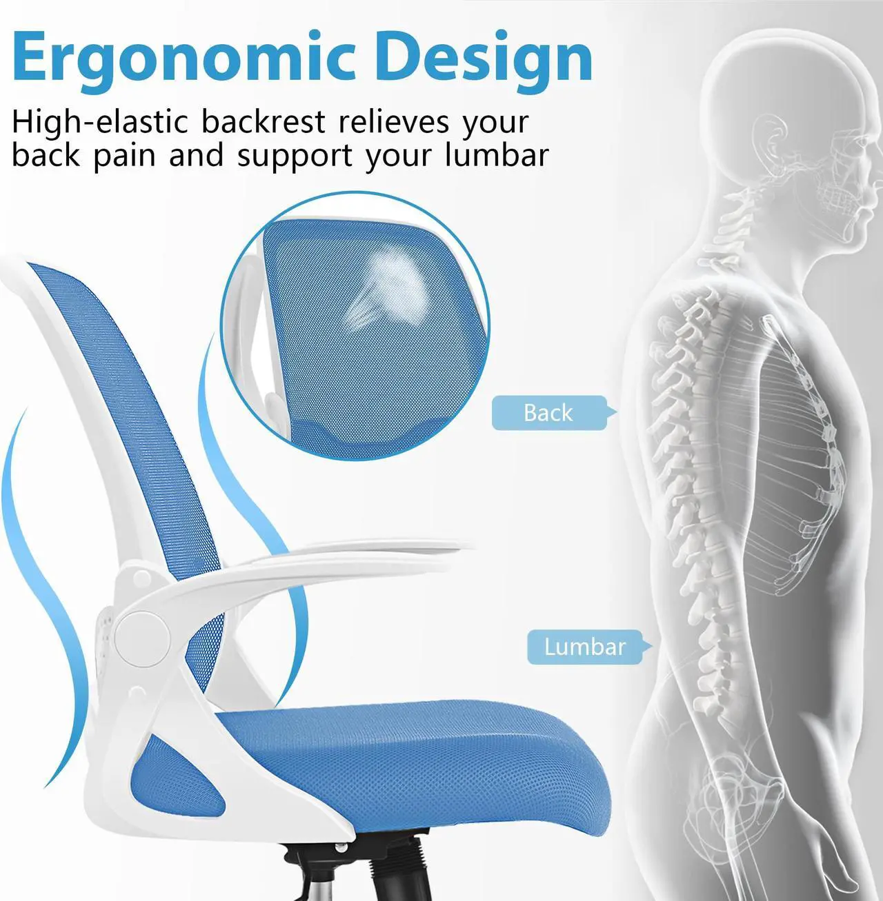 Alt view image 2 of 6 - Primy Office Chair, Ergonomic Desk Chair with Lumbar Support and Height Adjustable Swivel Computer Chair with Flip-up Arms (C-Blue)