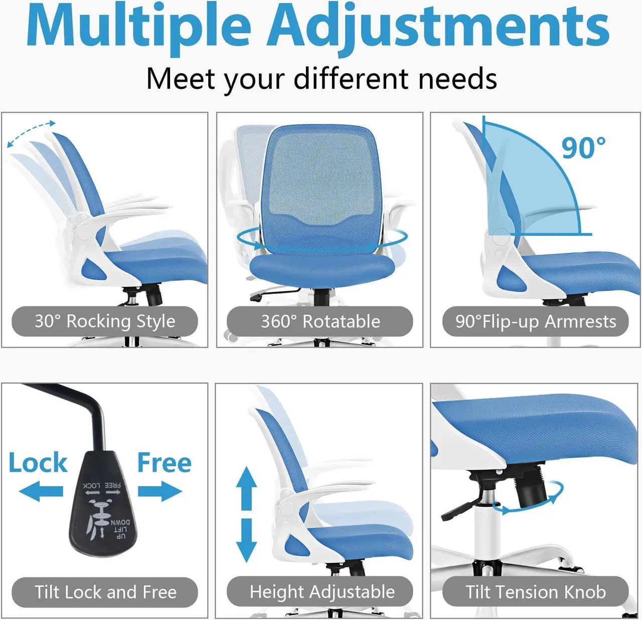 Alt view image 4 of 6 - Primy Office Chair, Ergonomic Desk Chair with Lumbar Support and Height Adjustable Swivel Computer Chair with Flip-up Arms (C-Blue)
