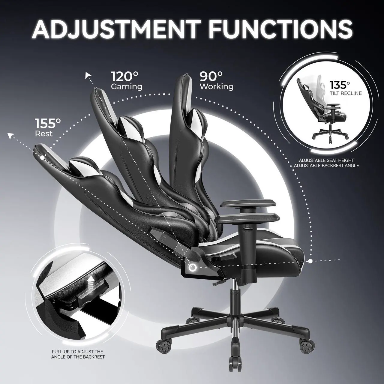 Alt view image 2 of 7 - Primy Ergonomic Gaming Chair, PU Leather Racing Style Game Chair, Adjustable Backrest Swivel Ergonomic Gamer Chair Computer Chair with Lumbar Support, Home Office Chair
