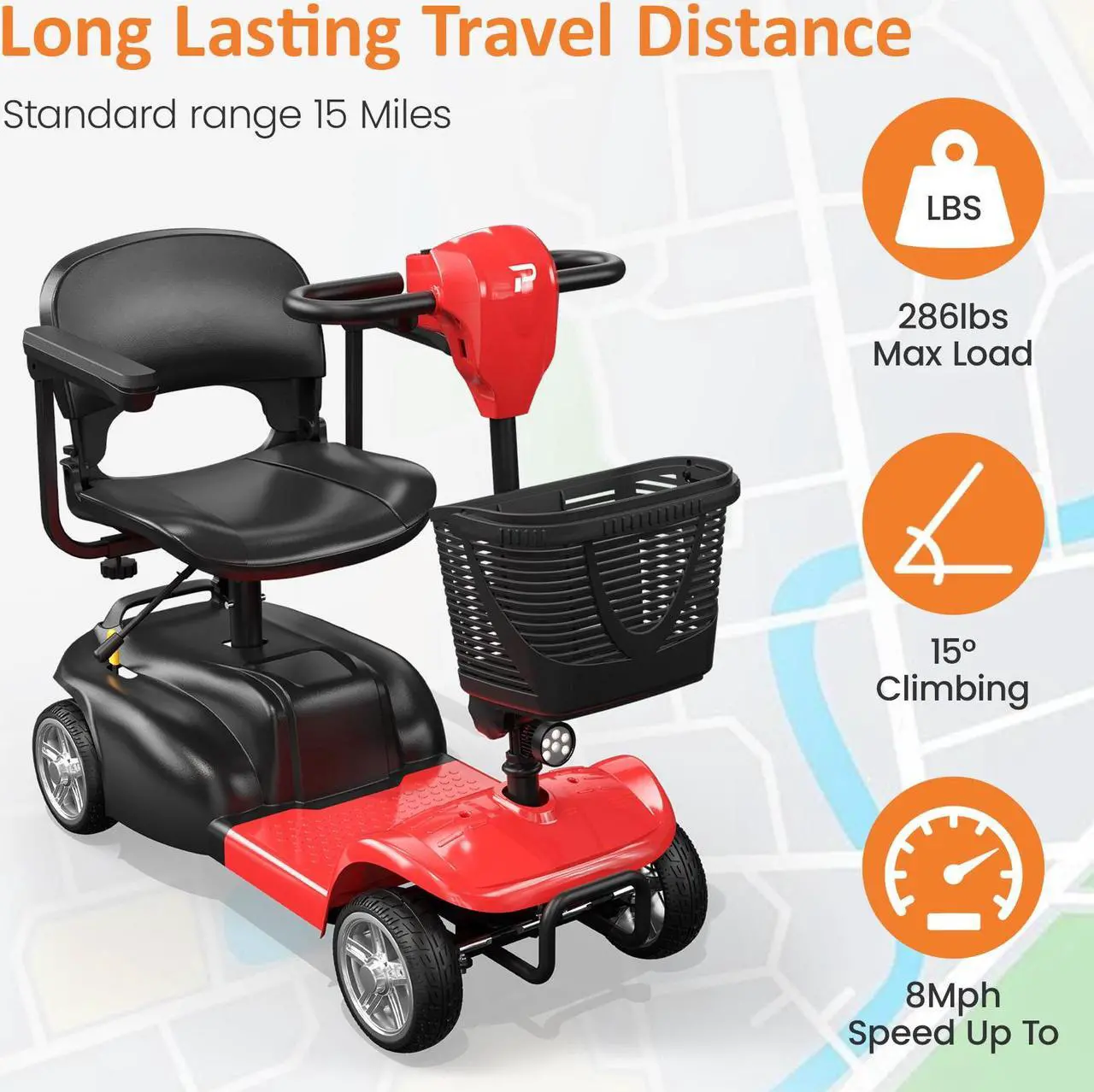 Alt view image 2 of 7 - POWET 4-Wheel All-Terrain Mobility Scooter for Adults & Seniors: 15-Mile Long-Range Capability, Motorized, with Rotating Swivel Seat