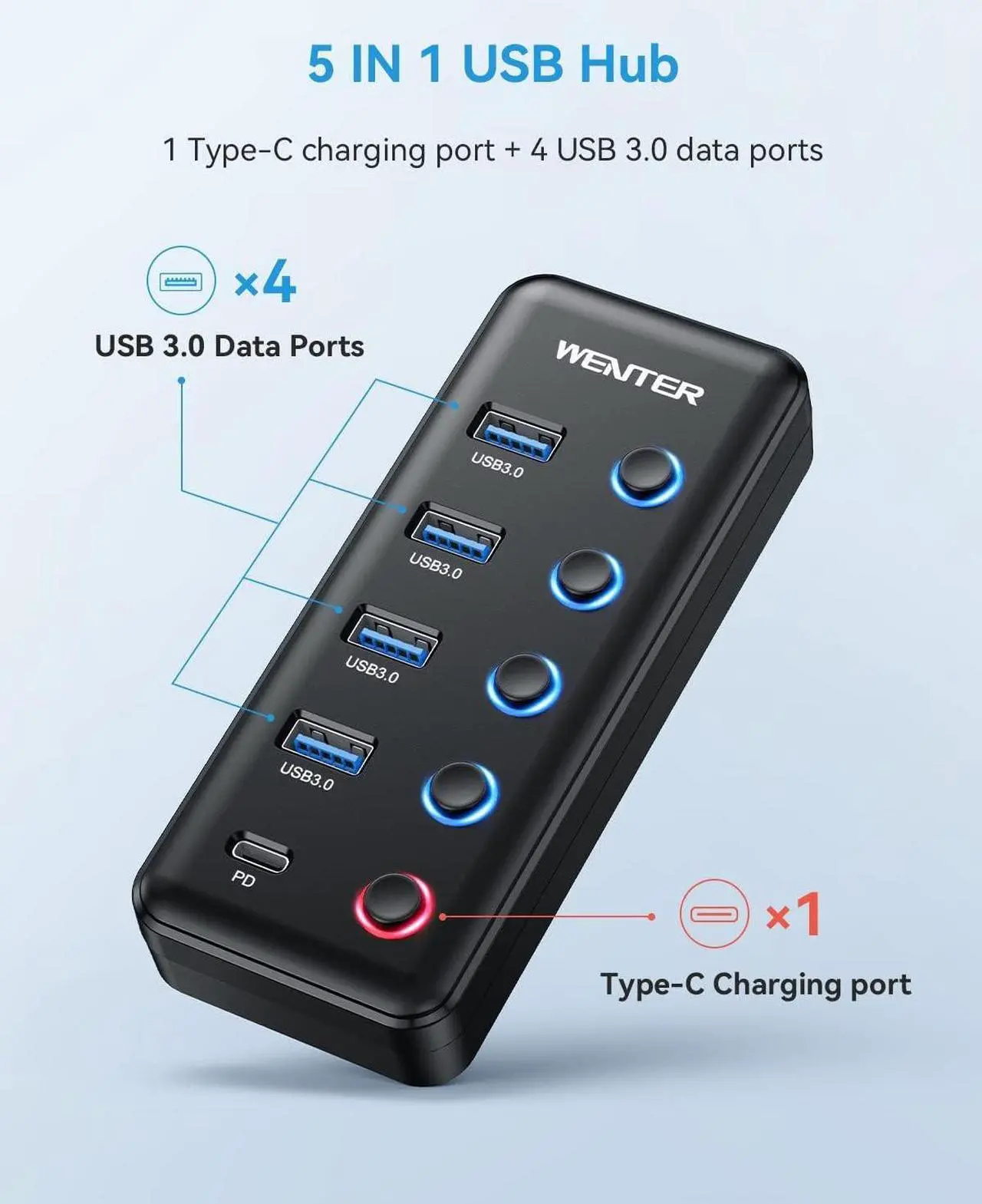 Alt view image 2 of 7 - Powered USB 3.0 Hub, Wenter 5-Port USB Hub Splitter (4 Faster Data Transfer Ports+ 1 Type-C Charging Ports) with Individual LED On/Off Switches, USB Hub 3.0 Powered with Power Adapter for Mac, PC