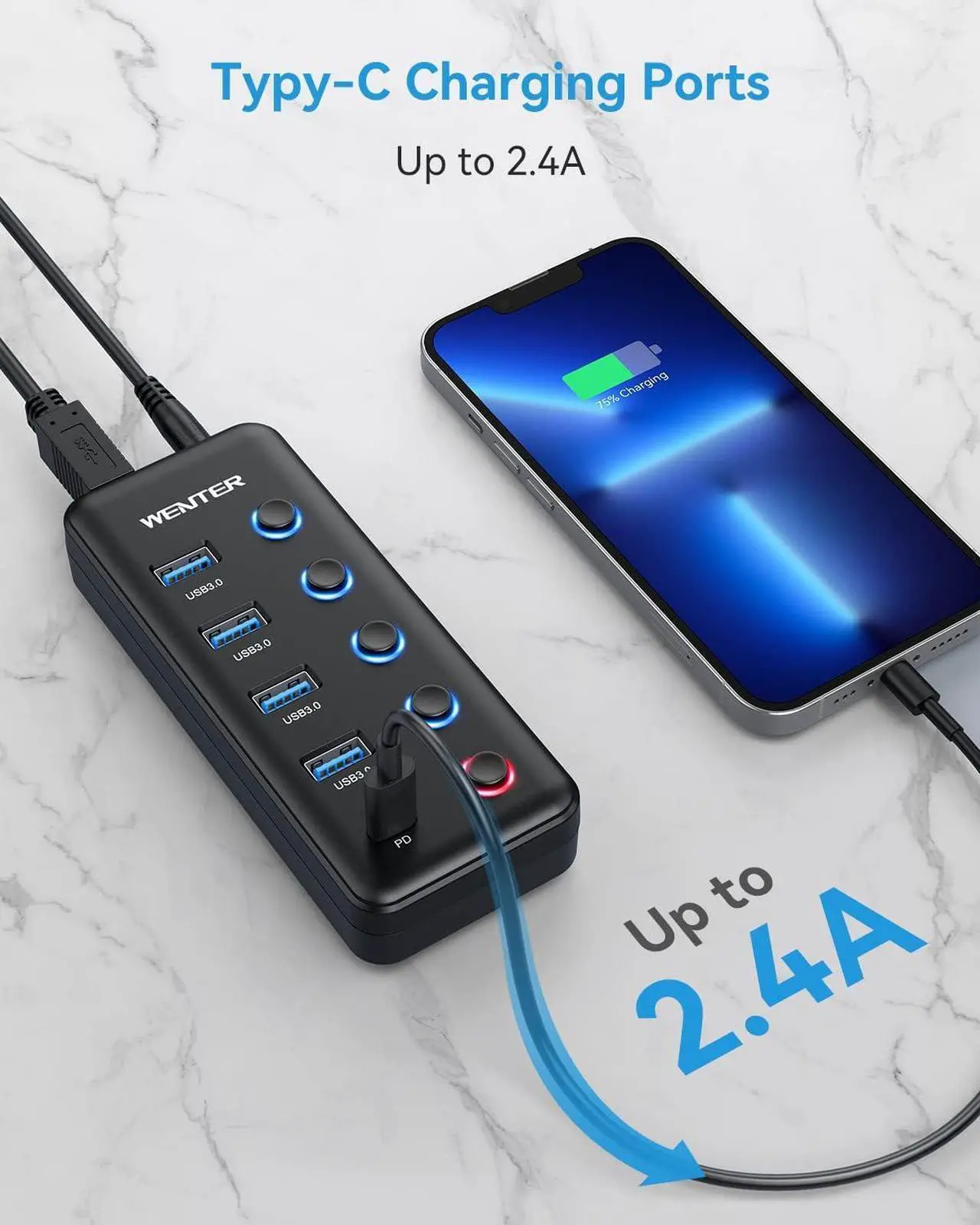 Alt view image 3 of 7 - Powered USB 3.0 Hub, Wenter 5-Port USB Hub Splitter (4 Faster Data Transfer Ports+ 1 Type-C Charging Ports) with Individual LED On/Off Switches, USB Hub 3.0 Powered with Power Adapter for Mac, PC