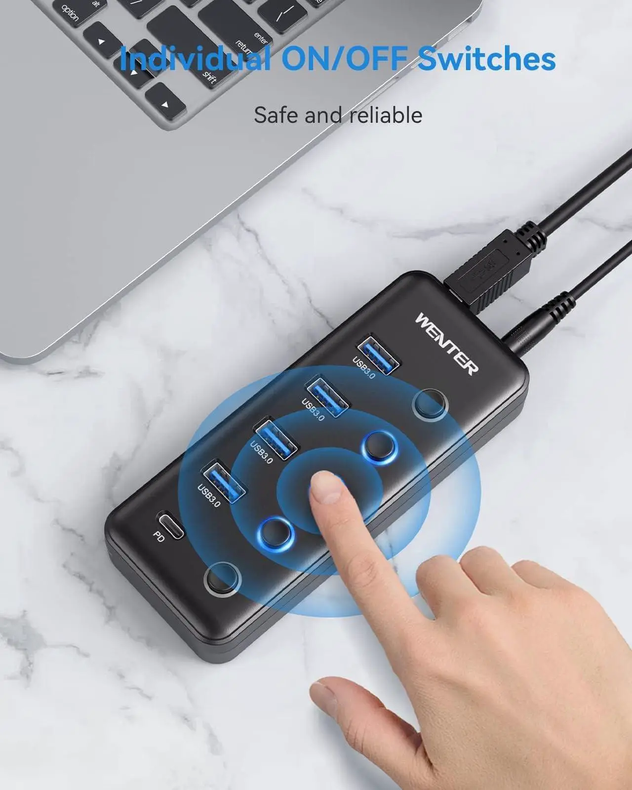 Alt view image 5 of 7 - Powered USB 3.0 Hub, Wenter 5-Port USB Hub Splitter (4 Faster Data Transfer Ports+ 1 Type-C Charging Ports) with Individual LED On/Off Switches, USB Hub 3.0 Powered with Power Adapter for Mac, PC