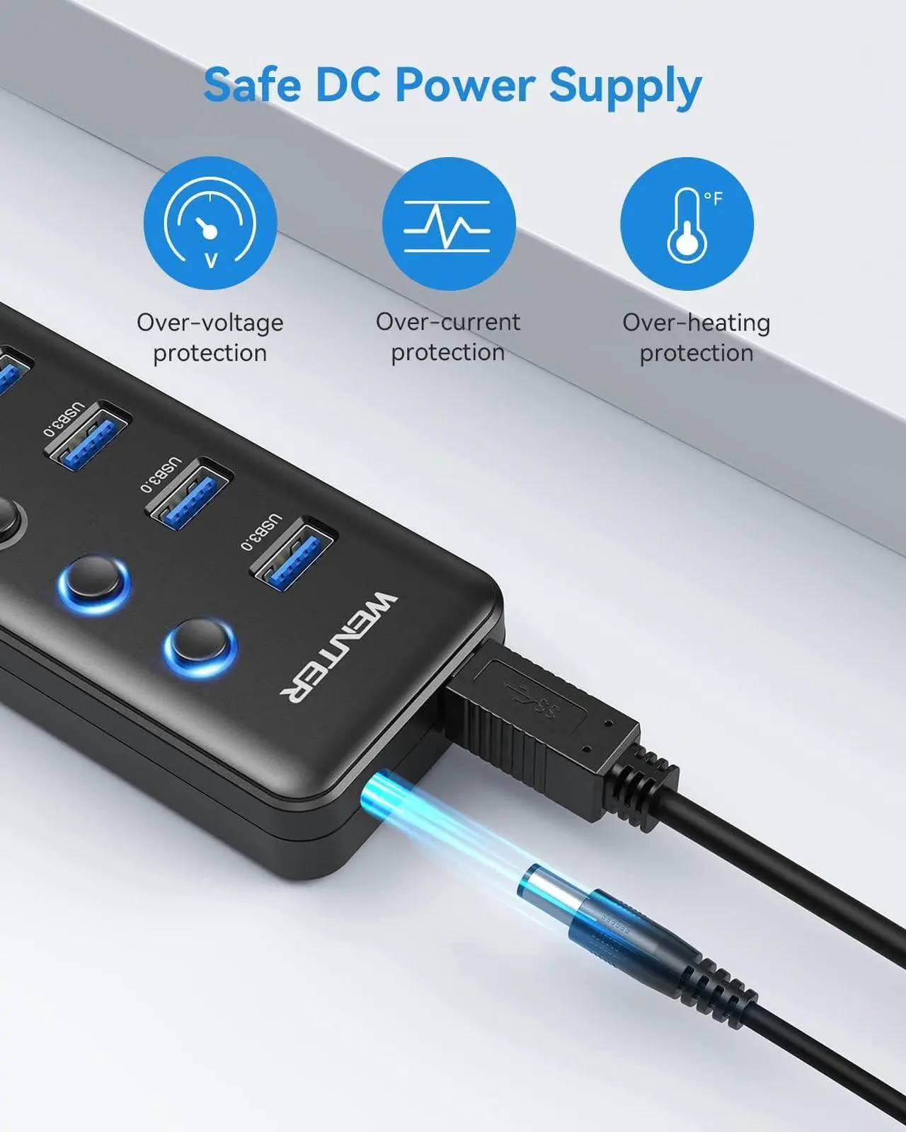 Alt view image 7 of 7 - Powered USB 3.0 Hub, Wenter 5-Port USB Hub Splitter (4 Faster Data Transfer Ports+ 1 Type-C Charging Ports) with Individual LED On/Off Switches, USB Hub 3.0 Powered with Power Adapter for Mac, PC