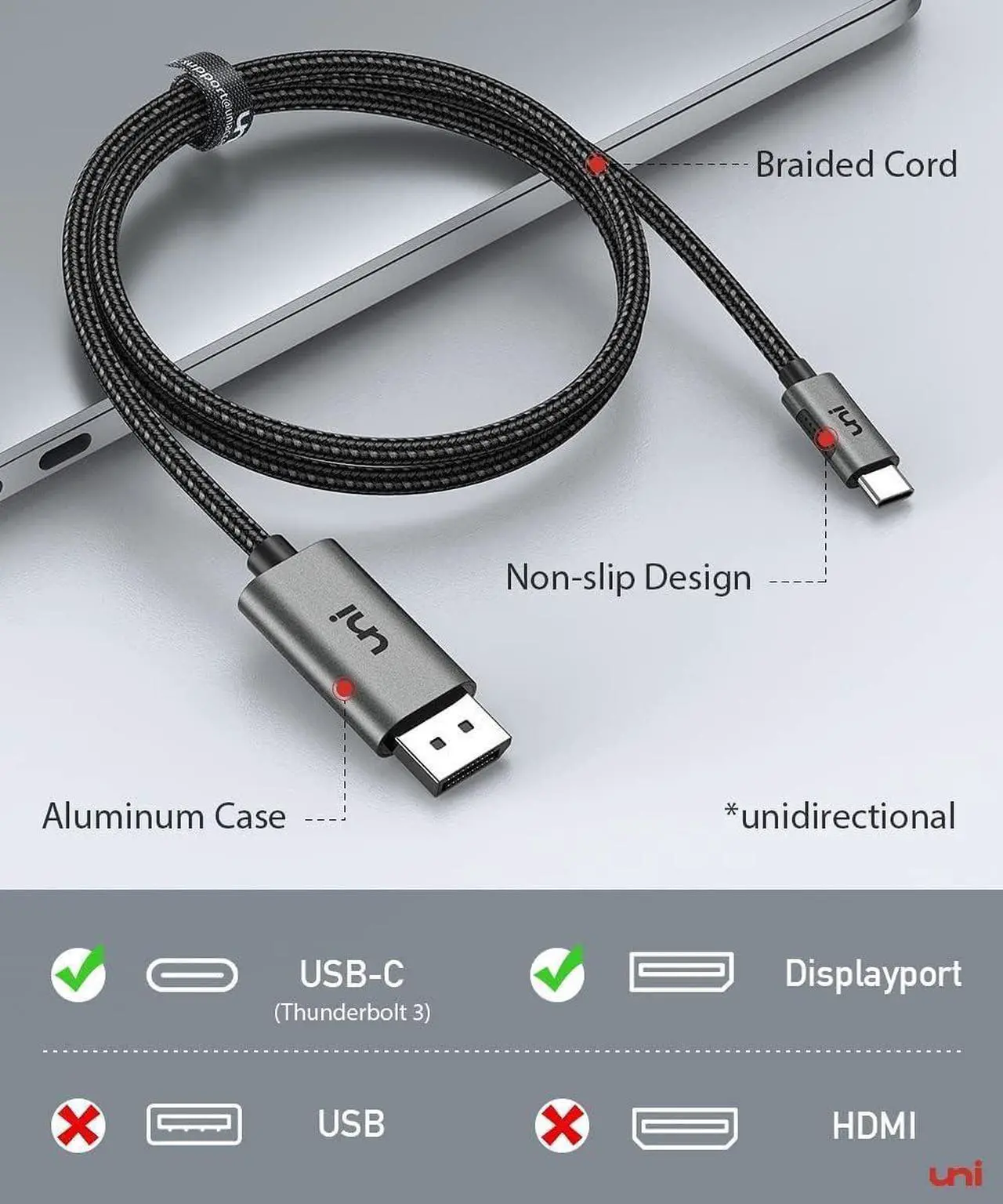 Alt view image 2 of 7 - uni USB C to DisplayPort Cable 3FT (4K@60Hz, 2K@165Hz), Sturdy USB Type-C to DisplayPort Braided Cable [Thunderbolt 3/4 Compatible] with MacBook Pro/Air, iPhone 15 Pro/Max, Galaxy S24, Chromebook, XPS