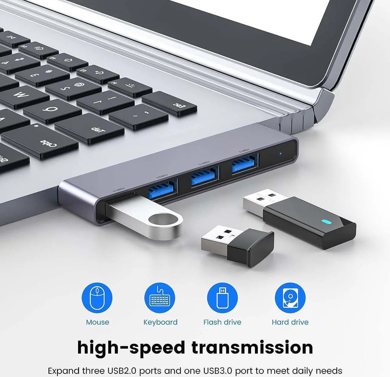 Alt view image 2 of 7 - Multi Port USB Hub, Fidioto 4 Port USB Adapter(1 * 3.0 Hub, 3 * 2.0 Hub), USB Hub for Laptop, iMac Pro, MacBook Air, Mac Mini/Pro, Notebook PC, USB Flash Drives and Mobile HDD Etc.