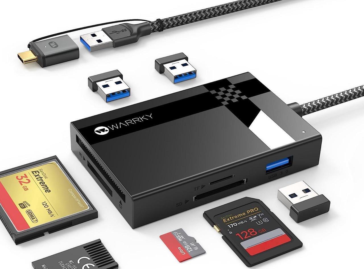 Main image of SD Card Reader 7 in 1, WARRKYDual Connector USB3.0/USB-C, 2.5FT Nylon Cable Card Adapter Hub for microSD, SDXC, SDHC, CF, MS, MMC, UHS-I, More, Compatible with Mac, iPad, Phones, Tablet, etc