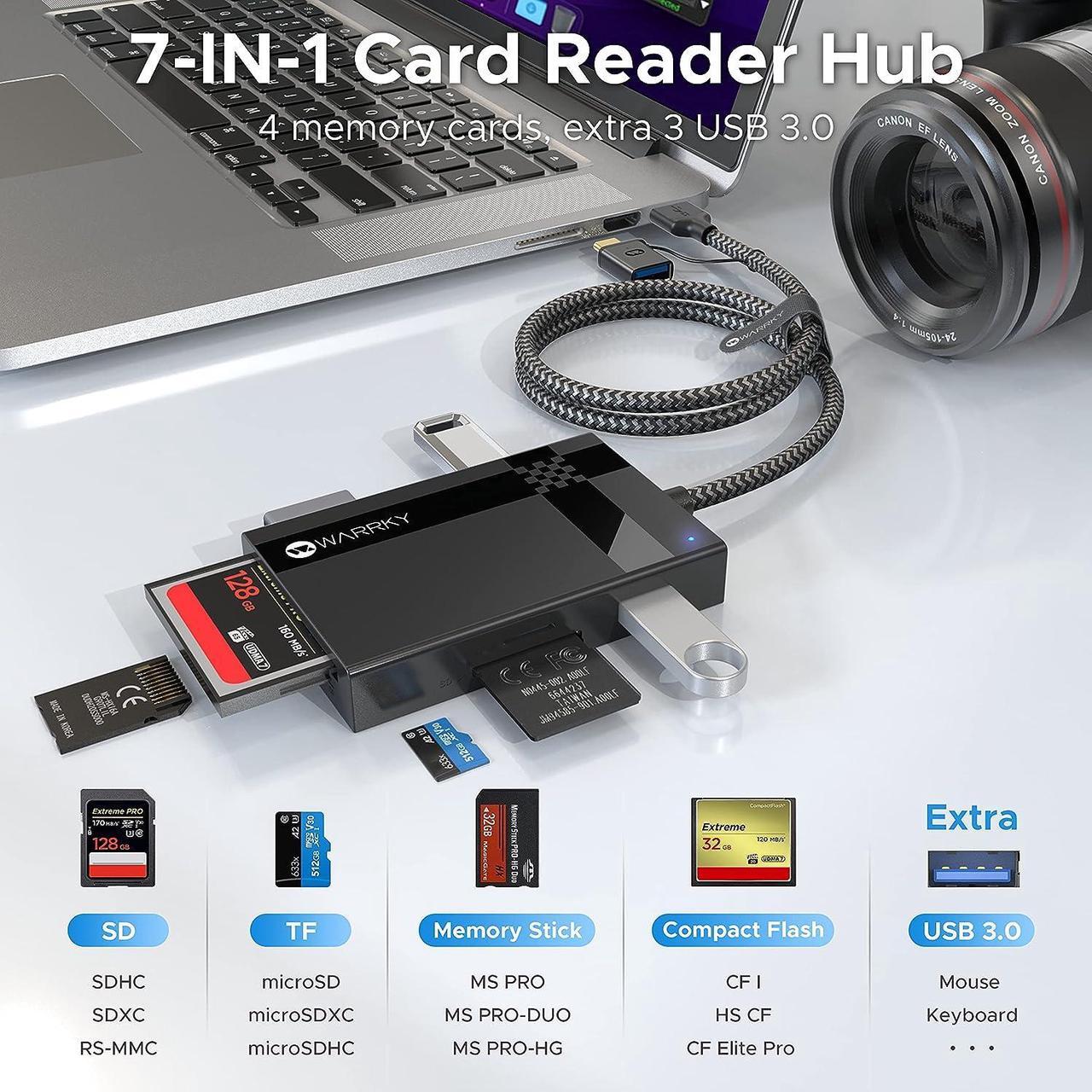 Alt view image 2 of 7 - SD Card Reader 7 in 1, WARRKYDual Connector USB3.0/USB-C, 2.5FT Nylon Cable Card Adapter Hub for microSD, SDXC, SDHC, CF, MS, MMC, UHS-I, More, Compatible with Mac, iPad, Phones, Tablet, etc