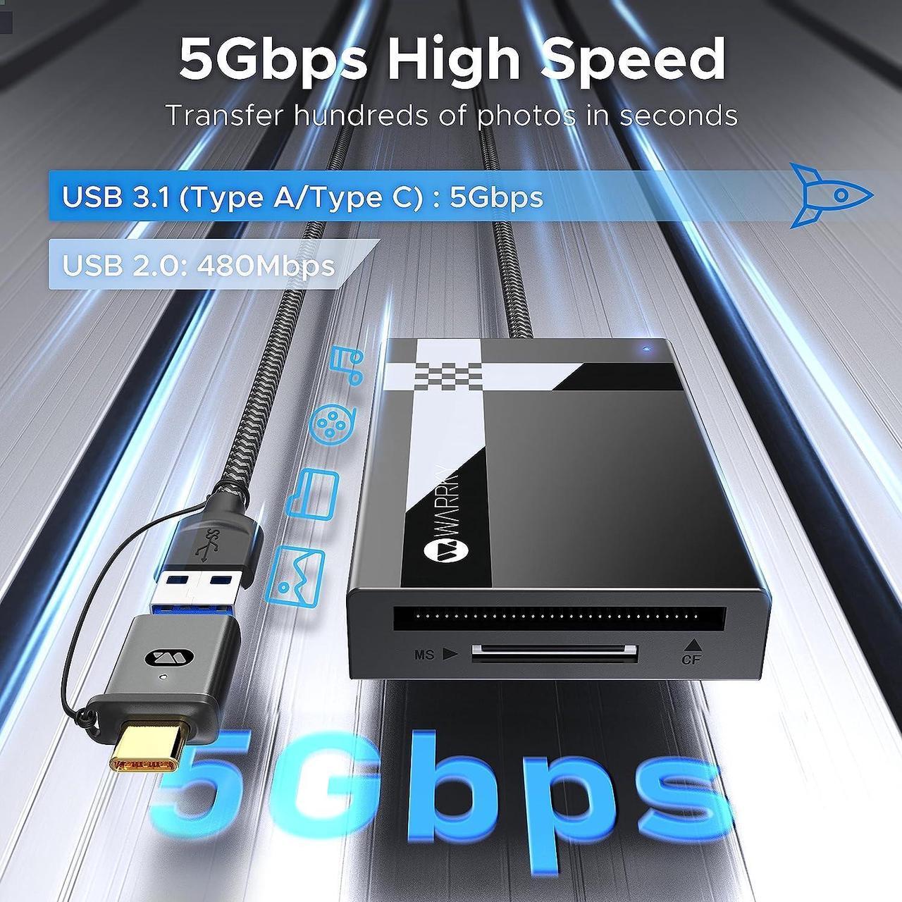 Alt view image 4 of 7 - SD Card Reader 7 in 1, WARRKYDual Connector USB3.0/USB-C, 2.5FT Nylon Cable Card Adapter Hub for microSD, SDXC, SDHC, CF, MS, MMC, UHS-I, More, Compatible with Mac, iPad, Phones, Tablet, etc