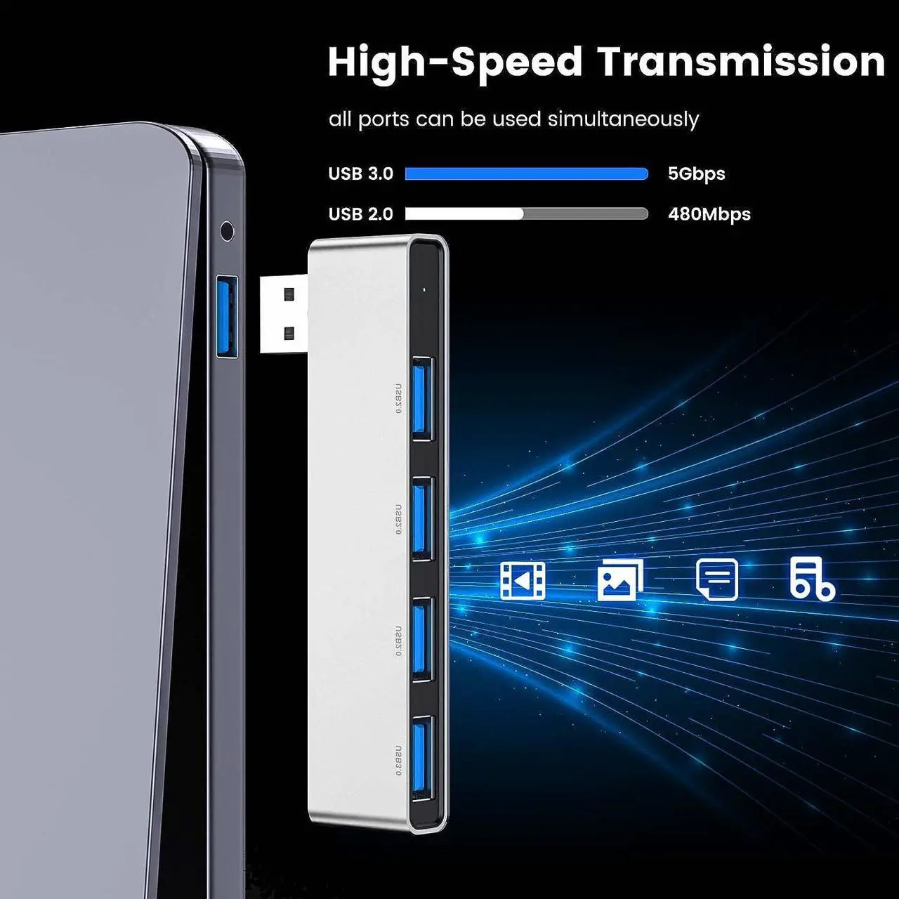 Alt view image 5 of 7 - Multi Port USB Hub, Fidioto 4 Port USB Adapter(1 * 3.0 Hub, 3 * 2.0 Hub), USB Hub for Laptop, iMac Pro, MacBook Air, Mac Mini/Pro, Notebook PC, USB Flash Drives and Mobile HDD Etc.