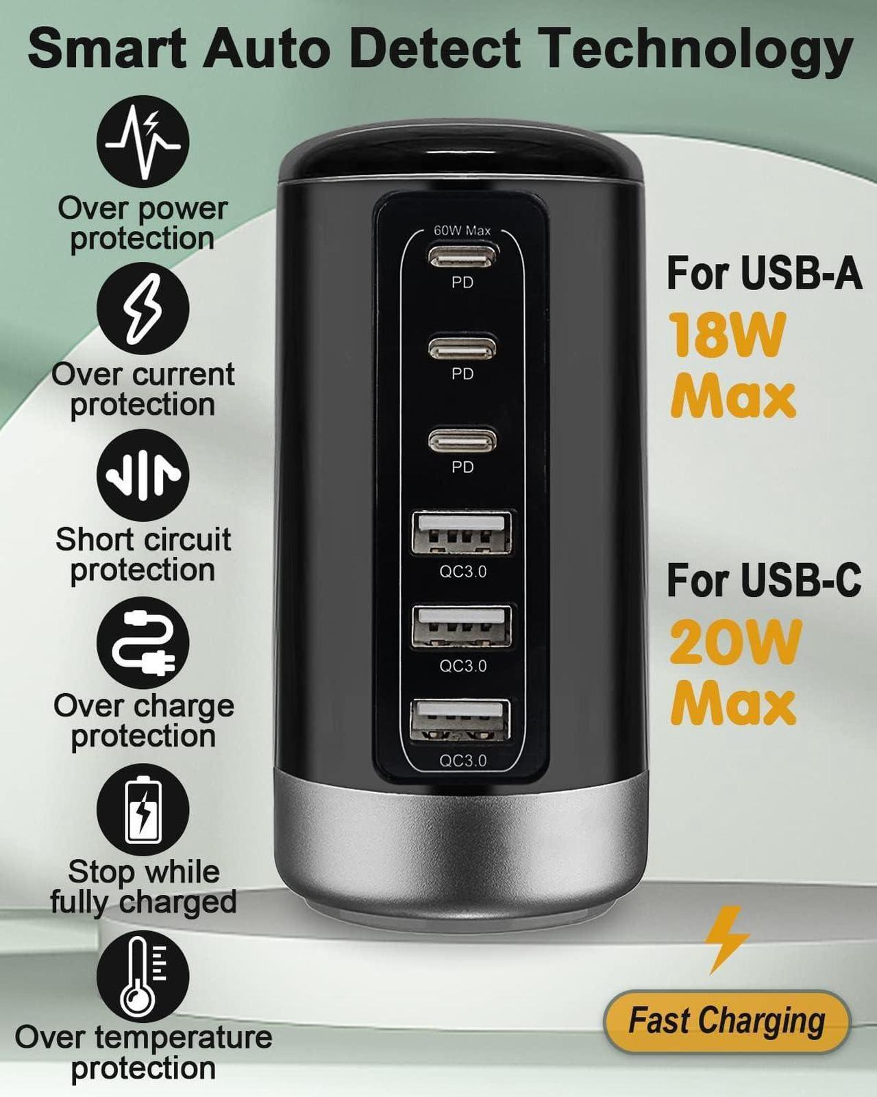 Alt view image 2 of 7 - Universal USB & USB C Tower Fast Charging Station 6-Port 60W - Compact, Space-Saving Design with Multiple USB & USB-C Ports for All iPhone Galaxy Note Pixel iPad Multiple Devices