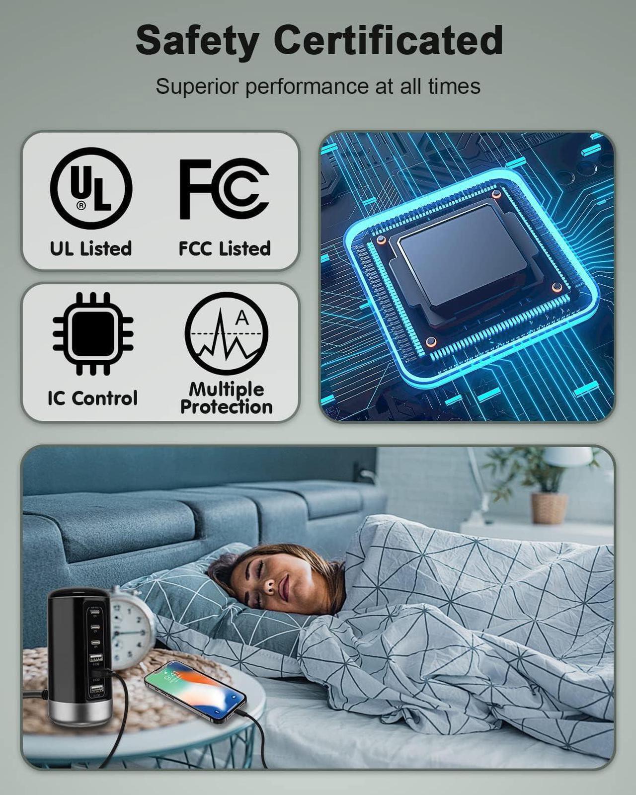 Alt view image 3 of 7 - Universal USB & USB C Tower Fast Charging Station 6-Port 60W - Compact, Space-Saving Design with Multiple USB & USB-C Ports for All iPhone Galaxy Note Pixel iPad Multiple Devices