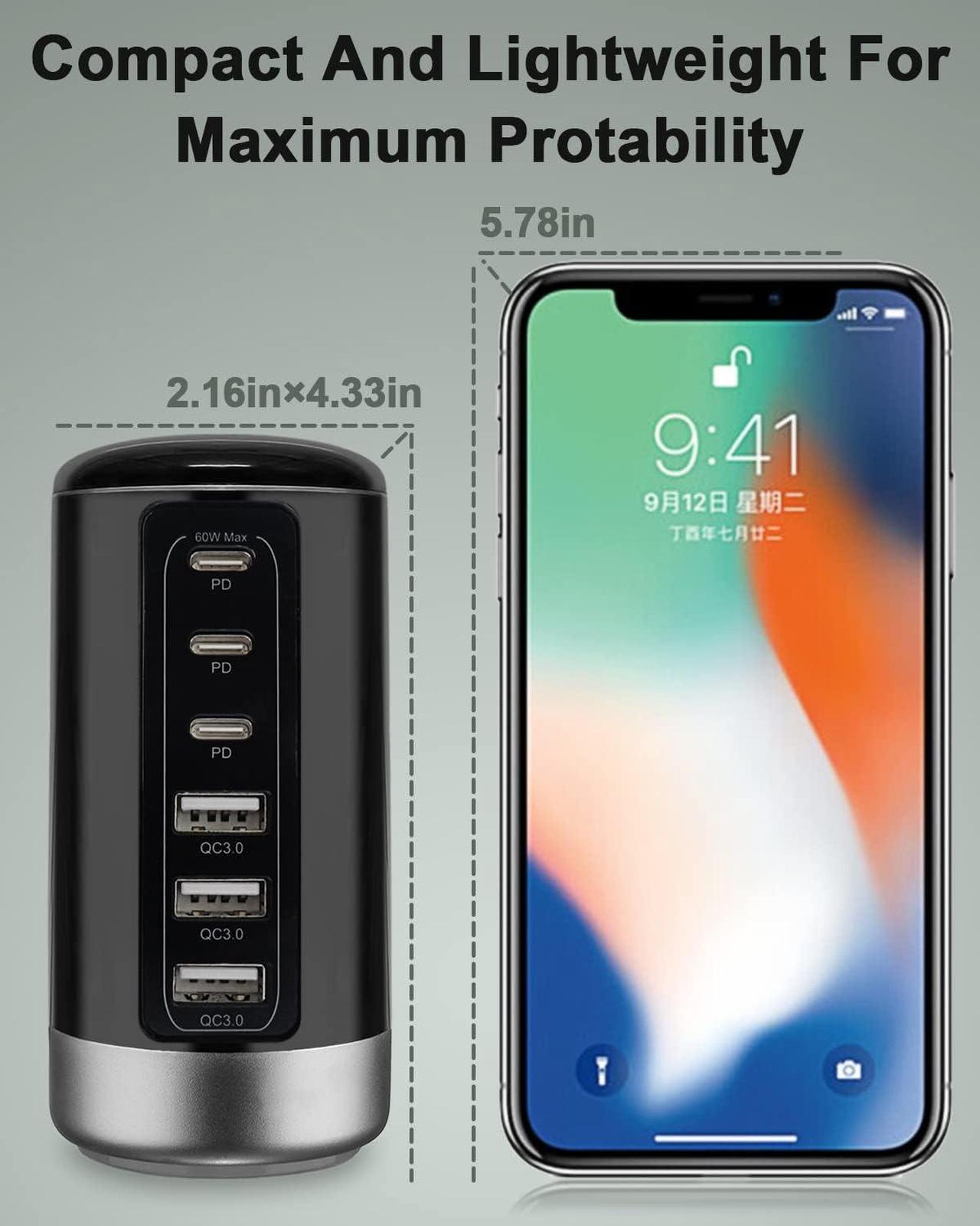 Alt view image 4 of 7 - Universal USB & USB C Tower Fast Charging Station 6-Port 60W - Compact, Space-Saving Design with Multiple USB & USB-C Ports for All iPhone Galaxy Note Pixel iPad Multiple Devices