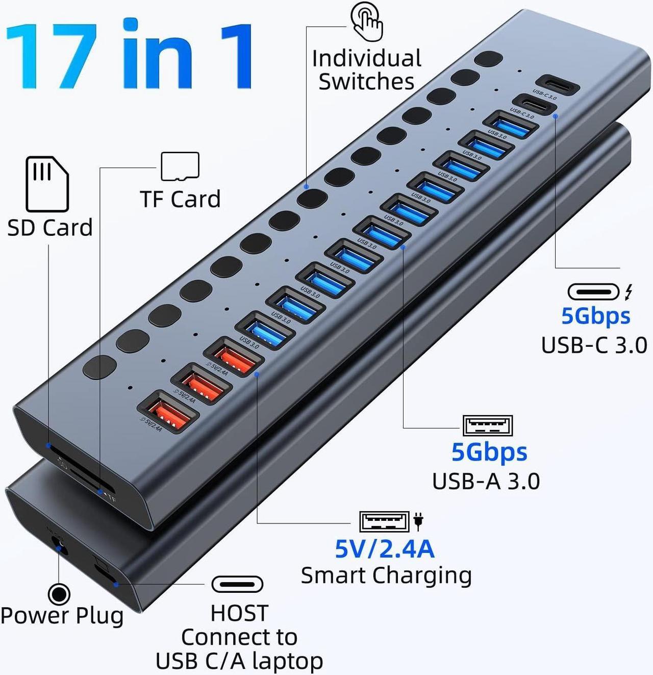 Alt view image 2 of 7 - Powered USB Hub, VANGREE 17-Port 90W USB 3.0 Splitter (10 USB 3.0 Ports+3 2.4A Charging Ports+2 USB-C 3.0 Ports+SD/TF Card Reader), Individual On/Off Switches, 12V/7.5A Power Adapter for Laptop, PC