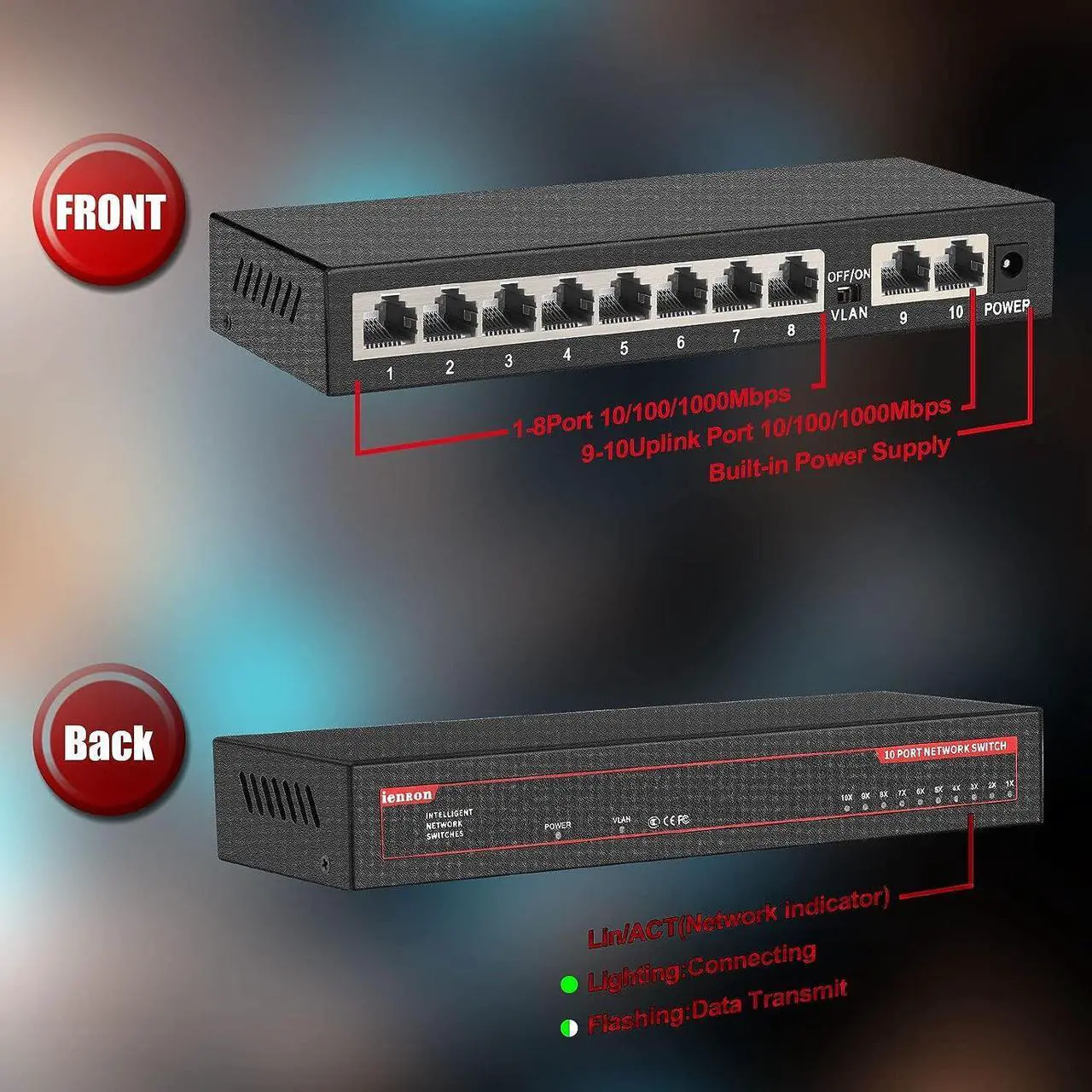 Alt view image 2 of 7 - ienRon 10 Ports Gigabit Ethernet Switch-8 Gigabit Ports+2Gigabit Uplink Ports,Unmanaged Network Switch,Ethernet Splitter| Plug & Play| Fanless Metal Design| Shielded Ports| Traffic Optimization