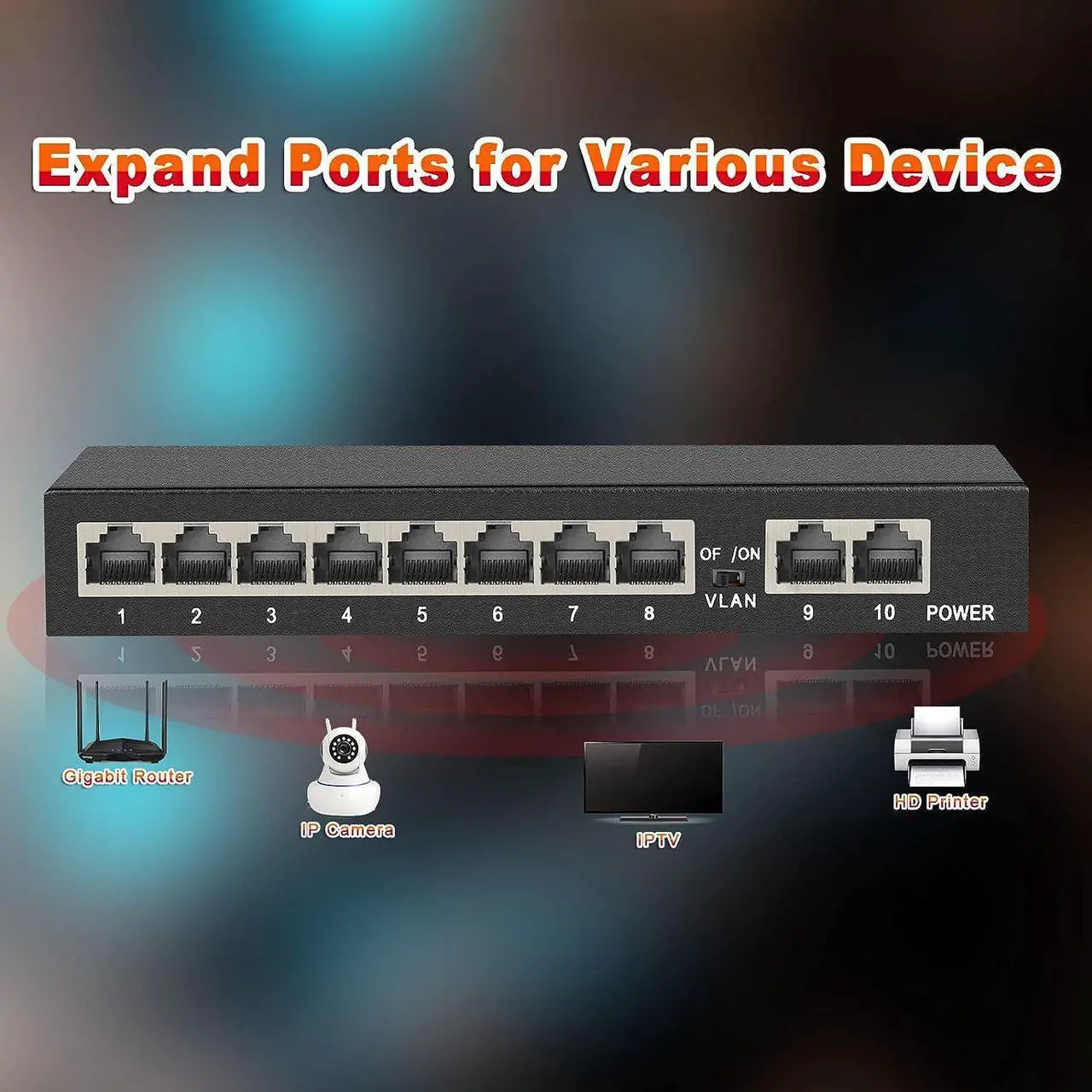 Alt view image 4 of 7 - ienRon 10 Ports Gigabit Ethernet Switch-8 Gigabit Ports+2Gigabit Uplink Ports,Unmanaged Network Switch,Ethernet Splitter| Plug & Play| Fanless Metal Design| Shielded Ports| Traffic Optimization