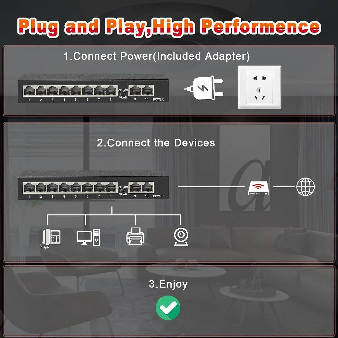 Alt view image 5 of 7 - ienRon 10 Ports Gigabit Ethernet Switch-8 Gigabit Ports+2Gigabit Uplink Ports,Unmanaged Network Switch,Ethernet Splitter| Plug & Play| Fanless Metal Design| Shielded Ports| Traffic Optimization