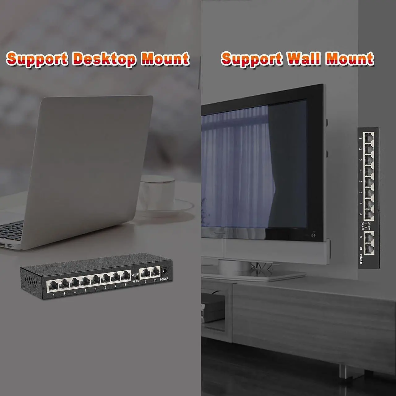 Alt view image 6 of 7 - ienRon 10 Ports Gigabit Ethernet Switch-8 Gigabit Ports+2Gigabit Uplink Ports,Unmanaged Network Switch,Ethernet Splitter| Plug & Play| Fanless Metal Design| Shielded Ports| Traffic Optimization