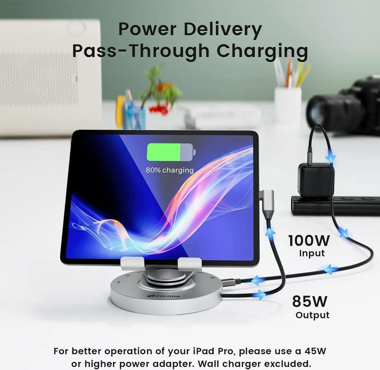 Alt view image 3 of 7 - USB C Hub for Ipad Pro Docking Station, FOLODA 8-in-1 Rotatable Folding Type-C Tablet Stand with 4k HDMI, USB C 3.0 Data Port, 2*USB A 3.0, 100W PD Charging, 3.5mm Aux for Ipad Pro/Phone 15/Galaxy Tab