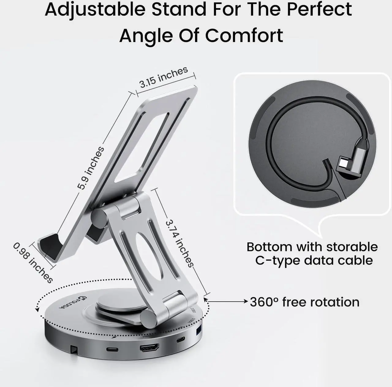 Alt view image 6 of 7 - USB C Hub for Ipad Pro Docking Station, FOLODA 8-in-1 Rotatable Folding Type-C Tablet Stand with 4k HDMI, USB C 3.0 Data Port, 2*USB A 3.0, 100W PD Charging, 3.5mm Aux for Ipad Pro/Phone 15/Galaxy Tab