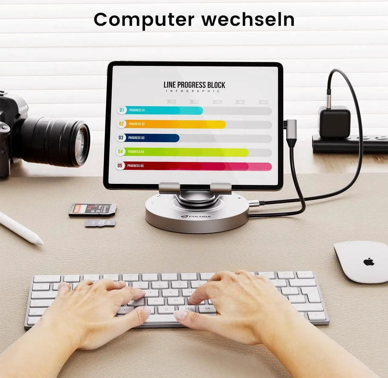 Alt view image 7 of 7 - USB C Hub for Ipad Pro Docking Station, FOLODA 8-in-1 Rotatable Folding Type-C Tablet Stand with 4k HDMI, USB C 3.0 Data Port, 2*USB A 3.0, 100W PD Charging, 3.5mm Aux for Ipad Pro/Phone 15/Galaxy Tab