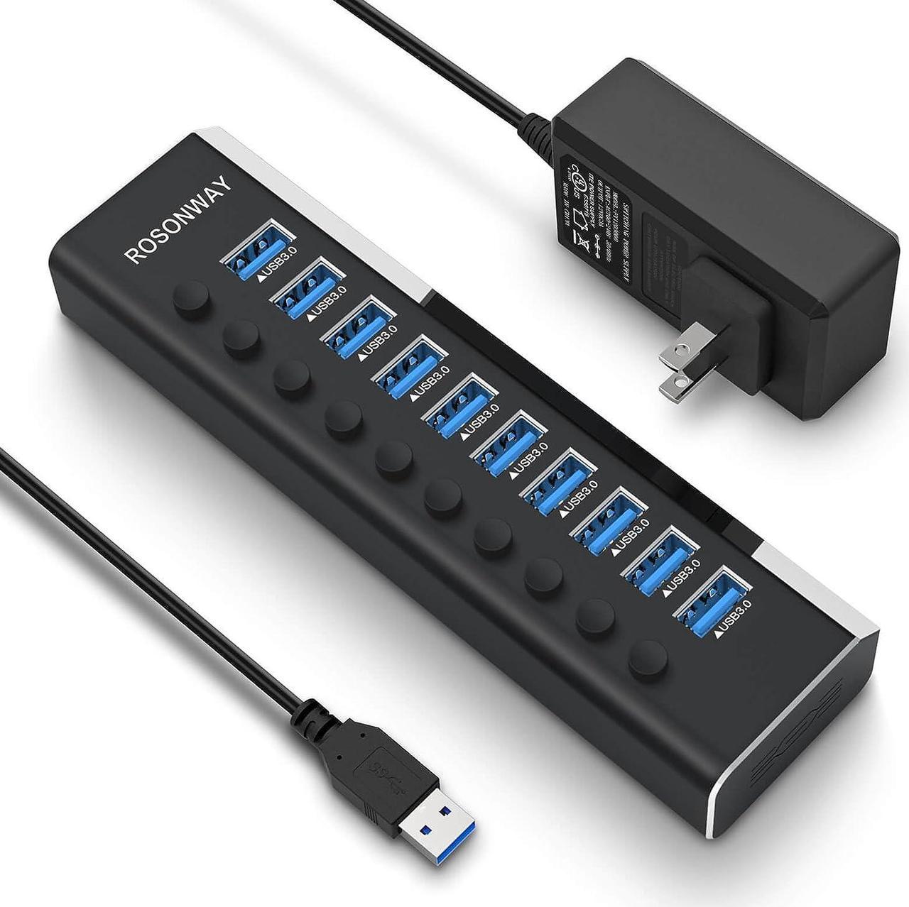 Powered USB Hub, Rosonway Aluminum 10 Port USB 3.0 Data Hub with 36W (12V/3A) Power Adapter and Individual On/Off Switches USB Splitter(RSH-A10)