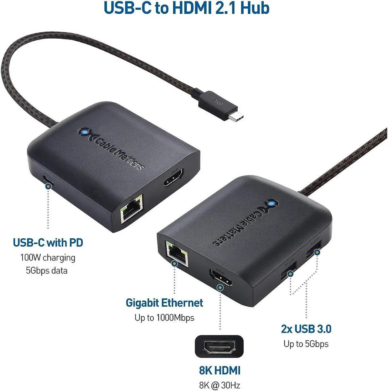 Alt view image 2 of 7 - Cable Matters 8K USB C Hub HDMI 2.1 (USB-C HDMI Dock 4K@120Hz, USB C HDMI 2.1 Hub) with USB 3.0, Gigabit Ethernet, 100W Charging, Thunderbolt 4 Compatible with MacBook Pro, XPS, Max 4K@60Hz on MacOS