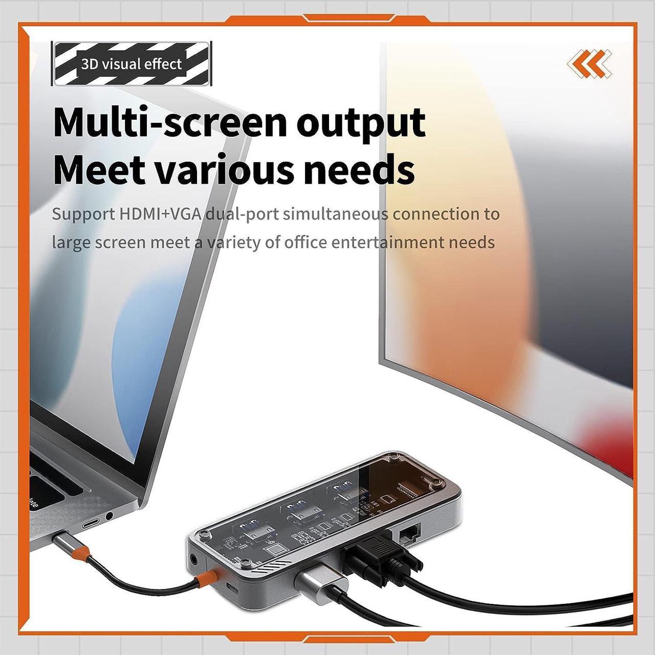 Alt view image 6 of 7 - USB C Transparent Docking Station, Laptop Hub with 1 HDMI, 3 USB 3.0,PD, SD, TF, 10 in 1 USB C Hub Suitable for Devices with USB C Interface