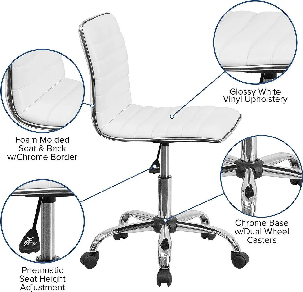 Alt view image 4 of 7 - Flash Furniture Alan Low-Back Ribbed Upholstered Vinyl Swivel Desk Chair with Padded Seat, Modern Adjustable Height Padded Office Chair, White