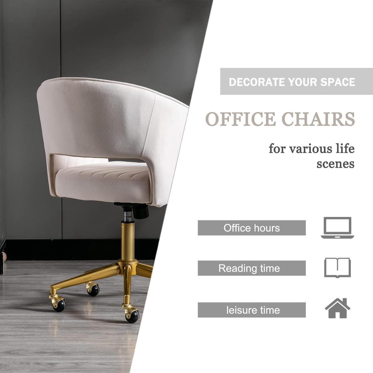 Alt view image 7 of 7 - Velvet Home Office Chair, Modern Swivel Desk Chair with Gold Base, Round Solid Wheel, Adjustable Vanity Chair for Study, Living Room, Bedroom (Beige)