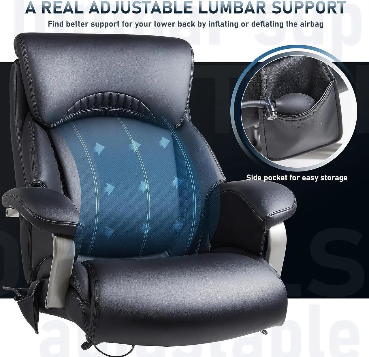 Alt view image 3 of 7 - Big and Tall Office Chair 500lbs-Heavy Duty Ergonomic Computer Chair with Extra Wide Seat, High Back Executive Large Desk Chair with Thick Seat and Tilt Rock, Adjustable Lumbar Support-Black