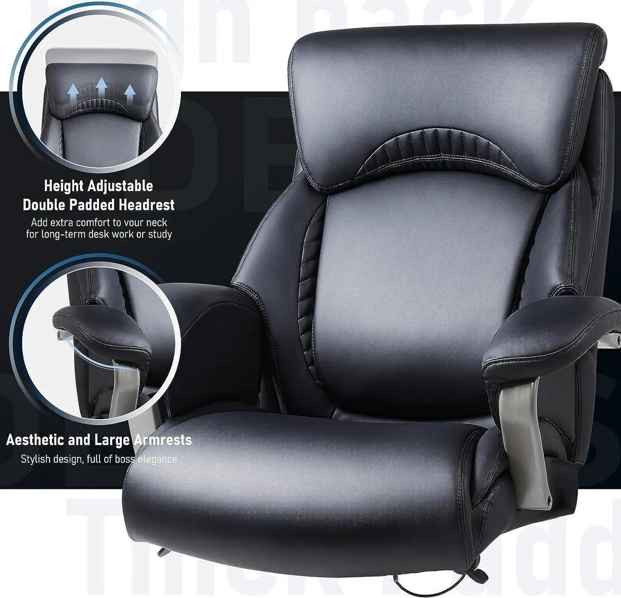 Alt view image 4 of 7 - Big and Tall Office Chair 500lbs-Heavy Duty Ergonomic Computer Chair with Extra Wide Seat, High Back Executive Large Desk Chair with Thick Seat and Tilt Rock, Adjustable Lumbar Support-Black