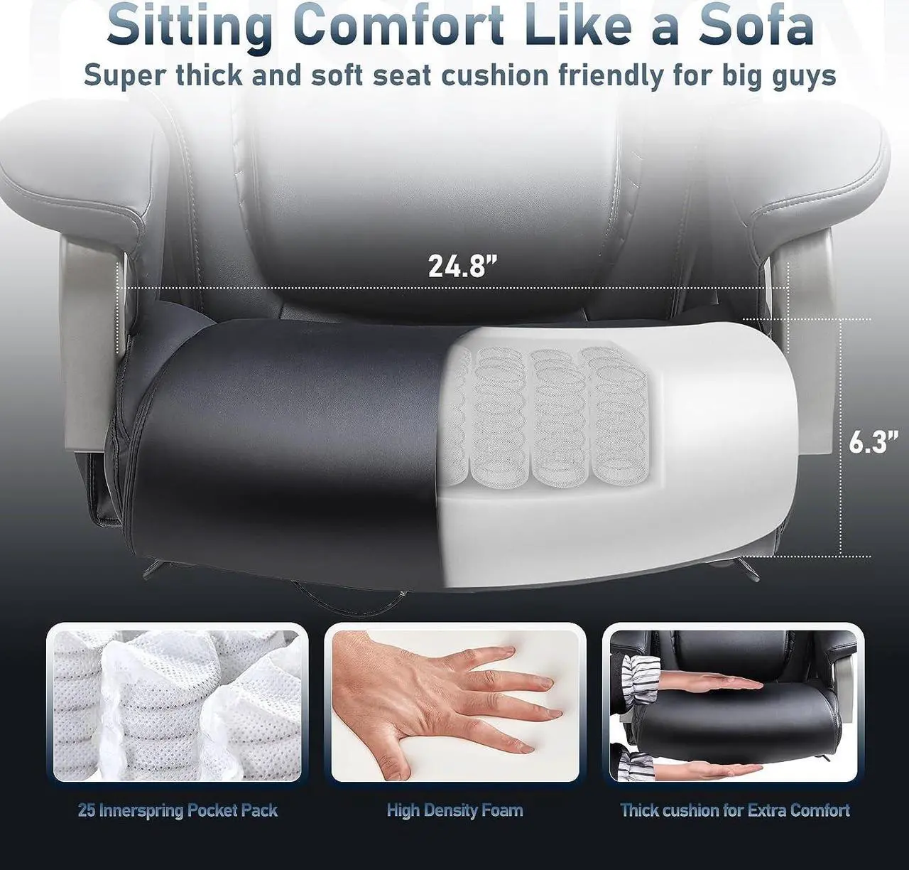 Alt view image 5 of 7 - Big and Tall Office Chair 500lbs-Heavy Duty Ergonomic Computer Chair with Extra Wide Seat, High Back Executive Large Desk Chair with Thick Seat and Tilt Rock, Adjustable Lumbar Support-Black