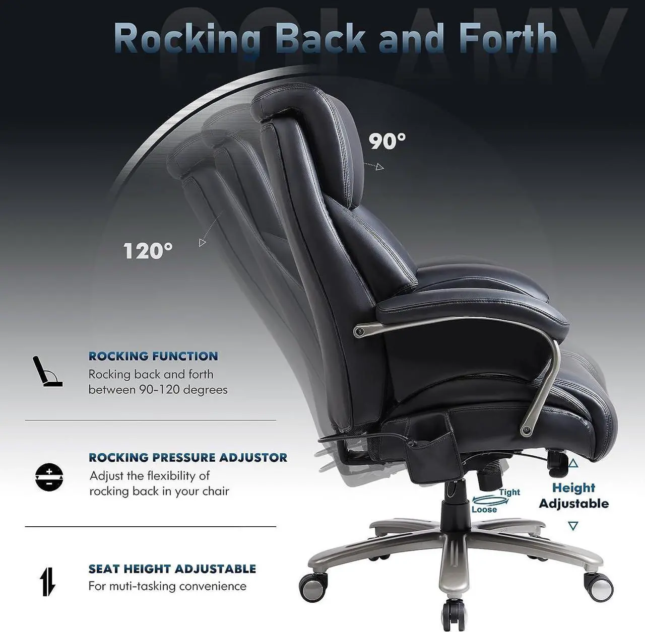 Alt view image 7 of 7 - Big and Tall Office Chair 500lbs-Heavy Duty Ergonomic Computer Chair with Extra Wide Seat, High Back Executive Large Desk Chair with Thick Seat and Tilt Rock, Adjustable Lumbar Support-Black