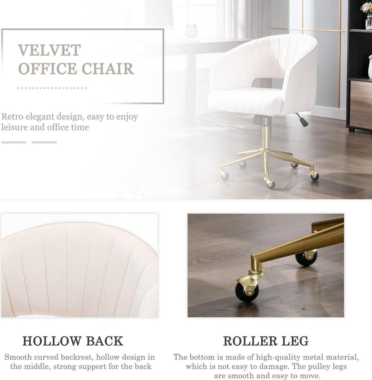 Alt view image 4 of 7 - Velvet Home Office Chair, Modern Swivel Desk Chair with Gold Base, Round Solid Wheel, Adjustable Vanity Chair for Study, Living Room, Bedroom (Beige)