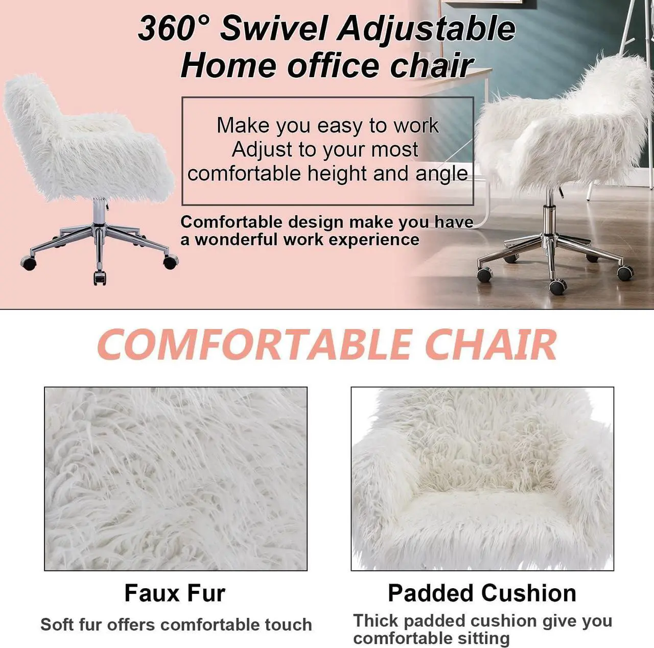 Alt view image 3 of 7 - Yoluckea Modern Faux Fur Desk Chair, Faux Fur Home Office Chair, Adjustable Swivel Vanity Accent Chair, Fluffy Chair for Girls, Makeup Vanity Chair for Living Room Bedroom Dressing Room (White)