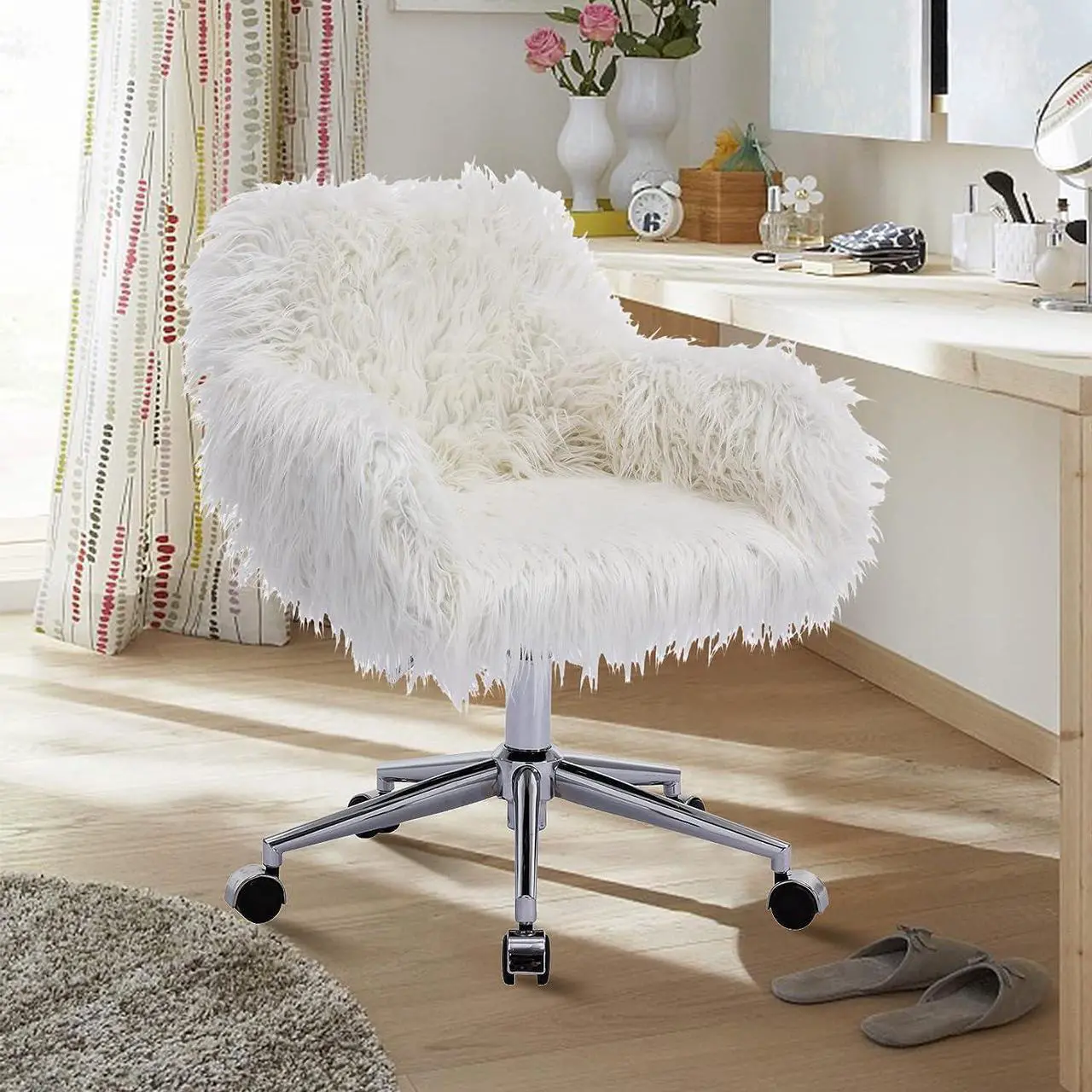 Main image of Yoluckea Modern Faux Fur Desk Chair, Faux Fur Home Office Chair, Adjustable Swivel Vanity Accent Chair, Fluffy Chair for Girls, Makeup Vanity Chair for Living Room Bedroom Dressing Room (White)