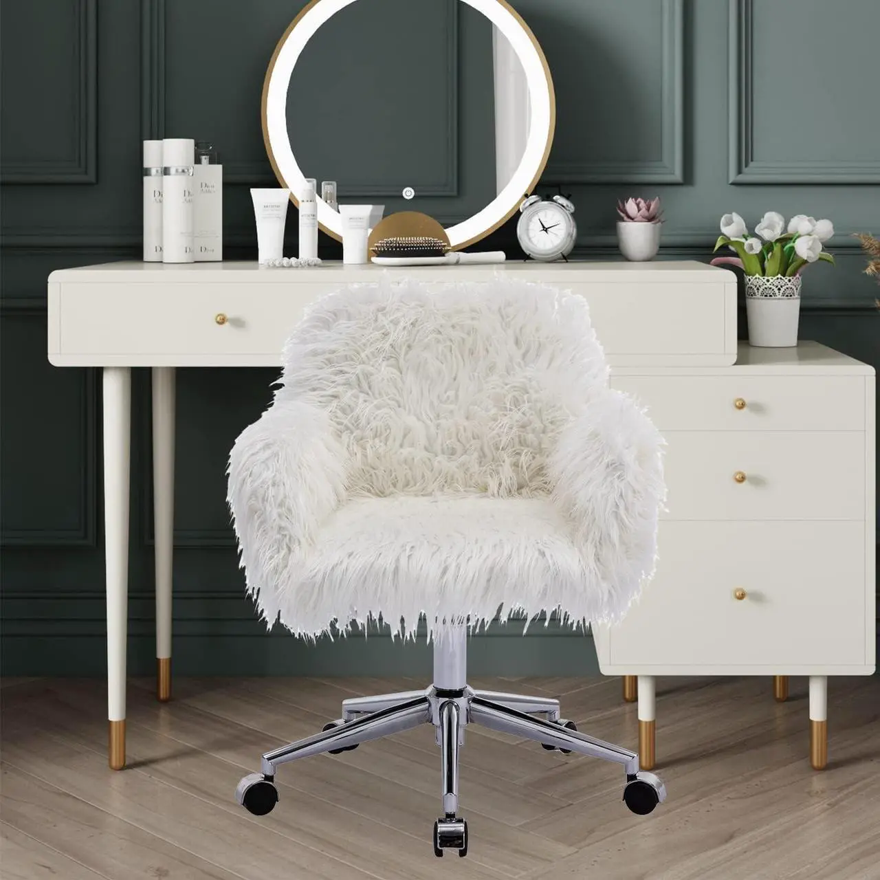 Alt view image 2 of 7 - Yoluckea Modern Faux Fur Desk Chair, Faux Fur Home Office Chair, Adjustable Swivel Vanity Accent Chair, Fluffy Chair for Girls, Makeup Vanity Chair for Living Room Bedroom Dressing Room (White)