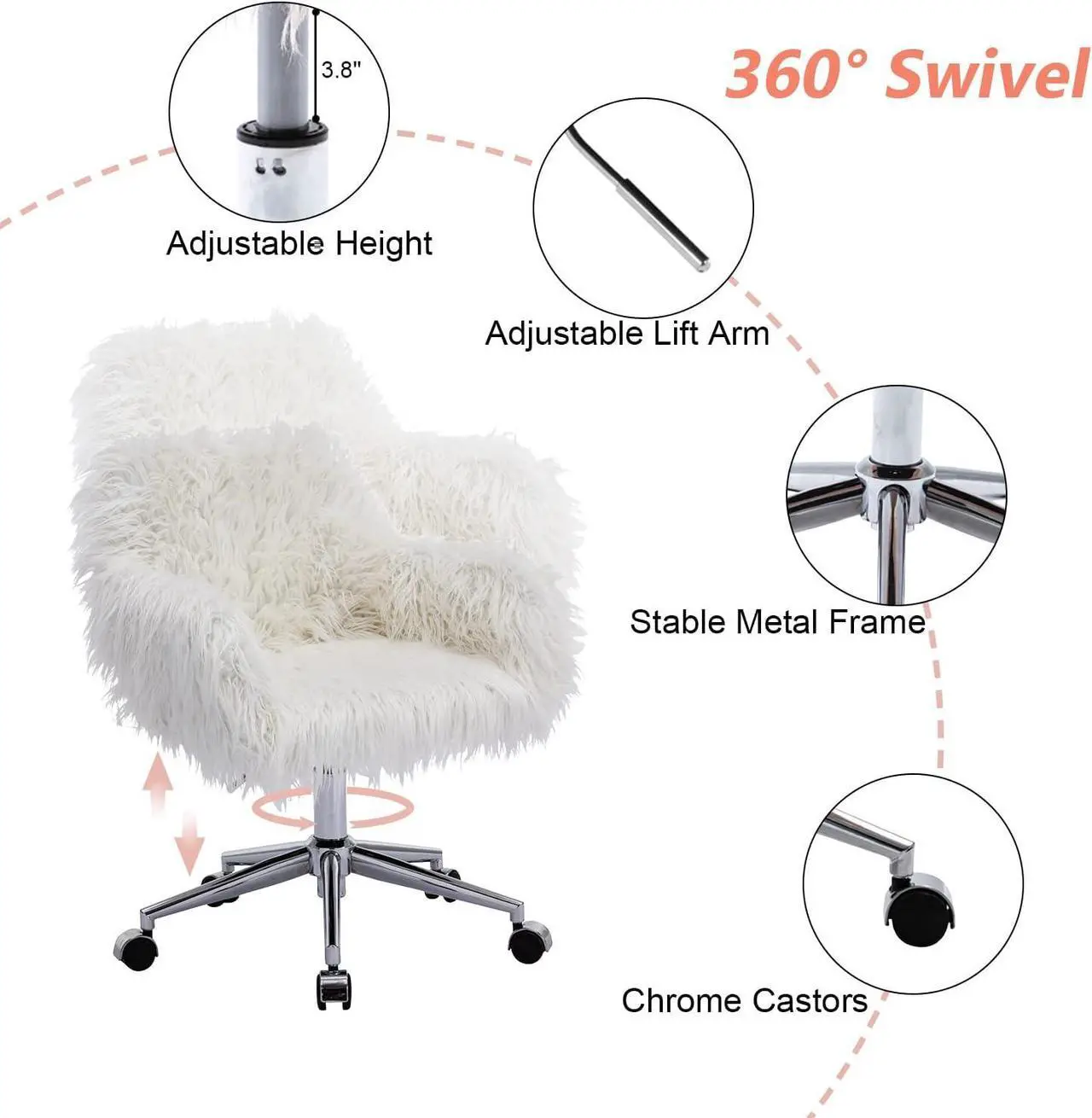 Alt view image 4 of 7 - Yoluckea Modern Faux Fur Desk Chair, Faux Fur Home Office Chair, Adjustable Swivel Vanity Accent Chair, Fluffy Chair for Girls, Makeup Vanity Chair for Living Room Bedroom Dressing Room (White)