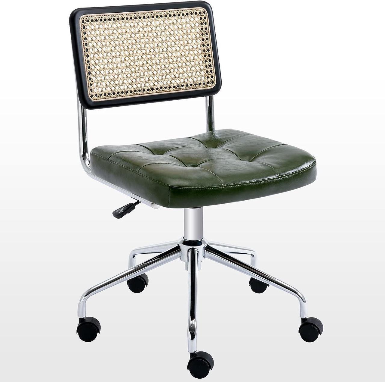 Main image of Zesthouse Mid Century Home Office Chair Leather Desk Chair with Rattan Back, Vanity Chair for Girl Women, Upholstered Tufted Swivel Chair for Bedroom Living Room,Height Adjustable Computer Task Chair