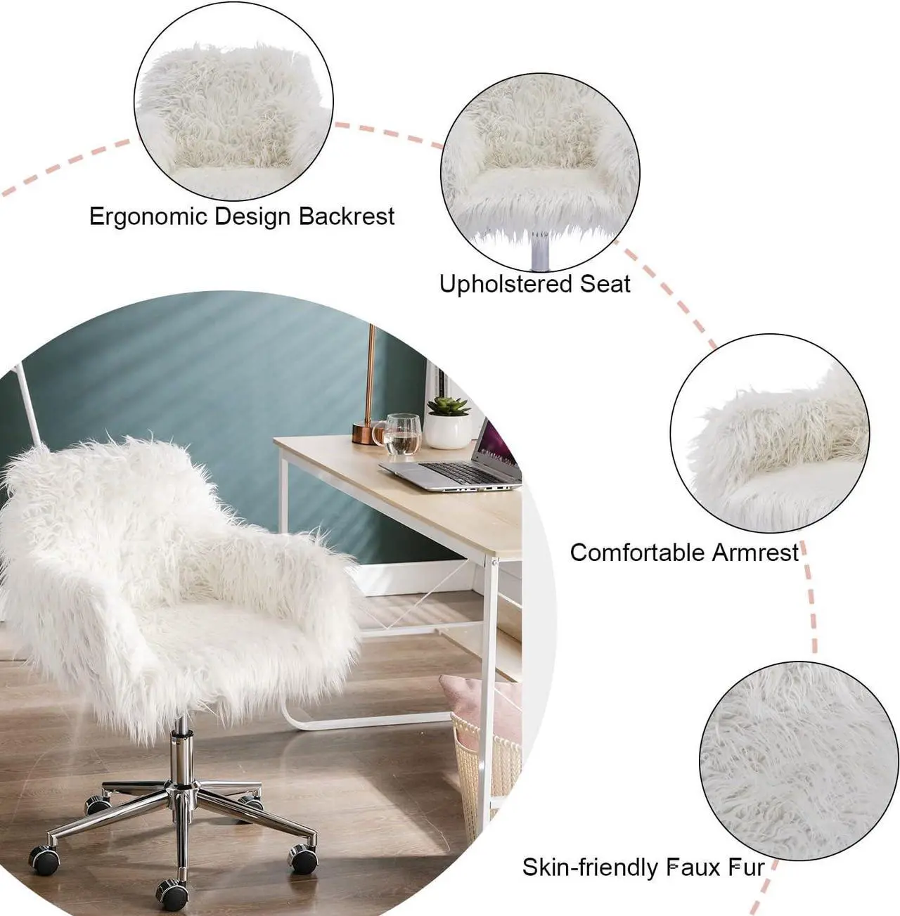 Alt view image 5 of 7 - Yoluckea Modern Faux Fur Desk Chair, Faux Fur Home Office Chair, Adjustable Swivel Vanity Accent Chair, Fluffy Chair for Girls, Makeup Vanity Chair for Living Room Bedroom Dressing Room (White)