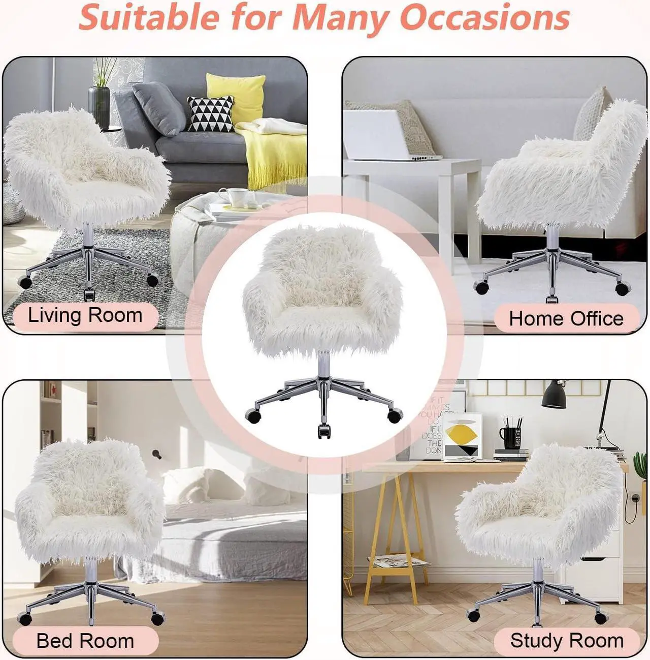 Alt view image 6 of 7 - Yoluckea Modern Faux Fur Desk Chair, Faux Fur Home Office Chair, Adjustable Swivel Vanity Accent Chair, Fluffy Chair for Girls, Makeup Vanity Chair for Living Room Bedroom Dressing Room (White)