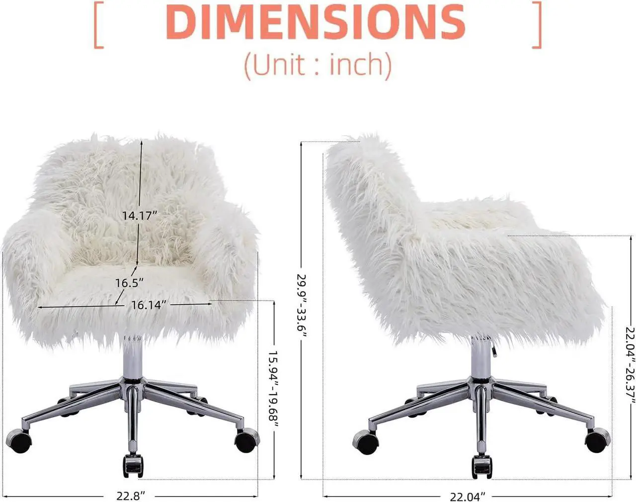 Alt view image 7 of 7 - Yoluckea Modern Faux Fur Desk Chair, Faux Fur Home Office Chair, Adjustable Swivel Vanity Accent Chair, Fluffy Chair for Girls, Makeup Vanity Chair for Living Room Bedroom Dressing Room (White)