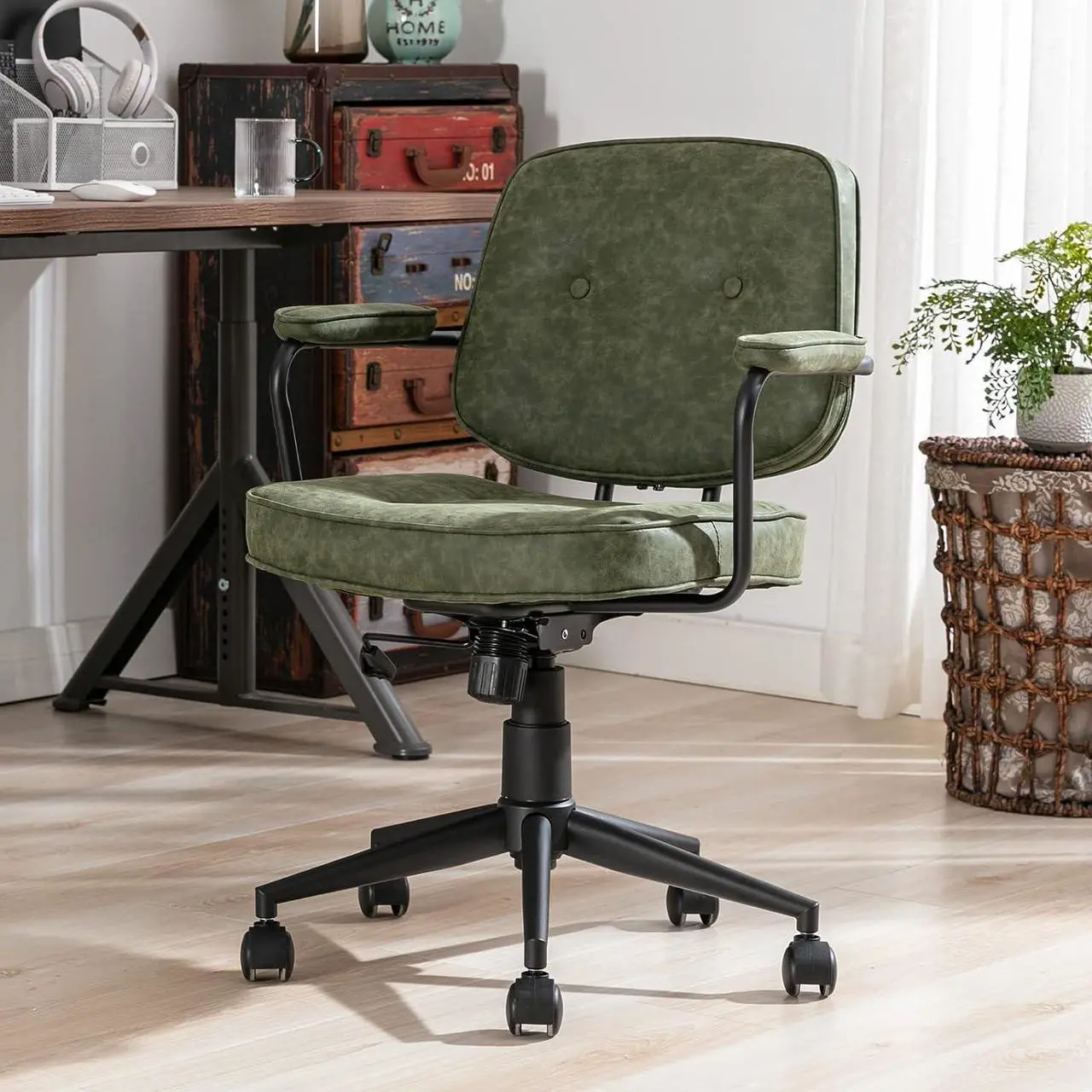 Main image of HEAH-YO Modern PU Leather Home Office Desk Chair, Adjustable Computer Desk Chair with Wheels and Arms, Swivel Task Chair with Back Support for Home Office, Green