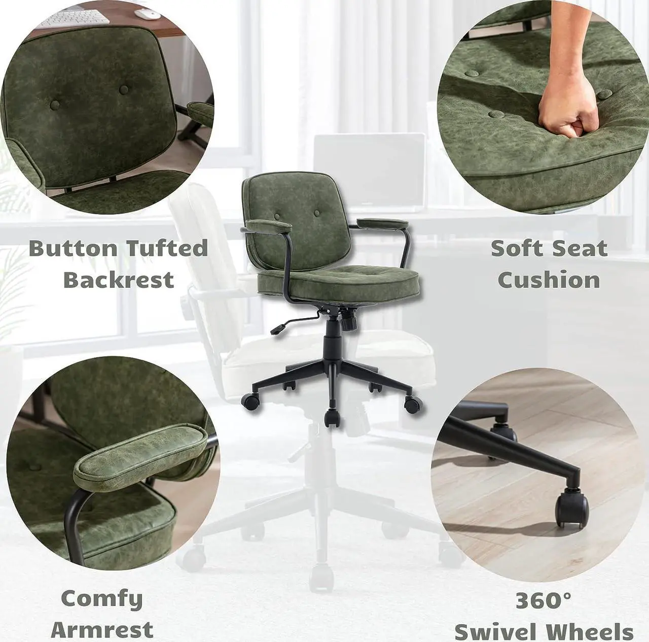 Alt view image 4 of 7 - HEAH-YO Modern PU Leather Home Office Desk Chair, Adjustable Computer Desk Chair with Wheels and Arms, Swivel Task Chair with Back Support for Home Office, Green
